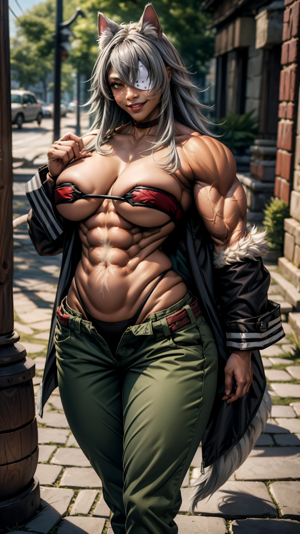 best quality, masterpiece, 1girl, (solo:1.1), raytracing, ultra detailed,detailed face, 8k wallpaper, wide hips, smile, GhislaineDedoldiaNDV, 1girl, grey hair, red eyes, animal ears, cat ears, tail, large breasts, very long hair, dark skin, muscular female, dark-skinned female, eyepatch, scar on stomach, scar on cheek, green pants, black jacket, fur trim, open pants, red choker,  showing buttocks, outdoor