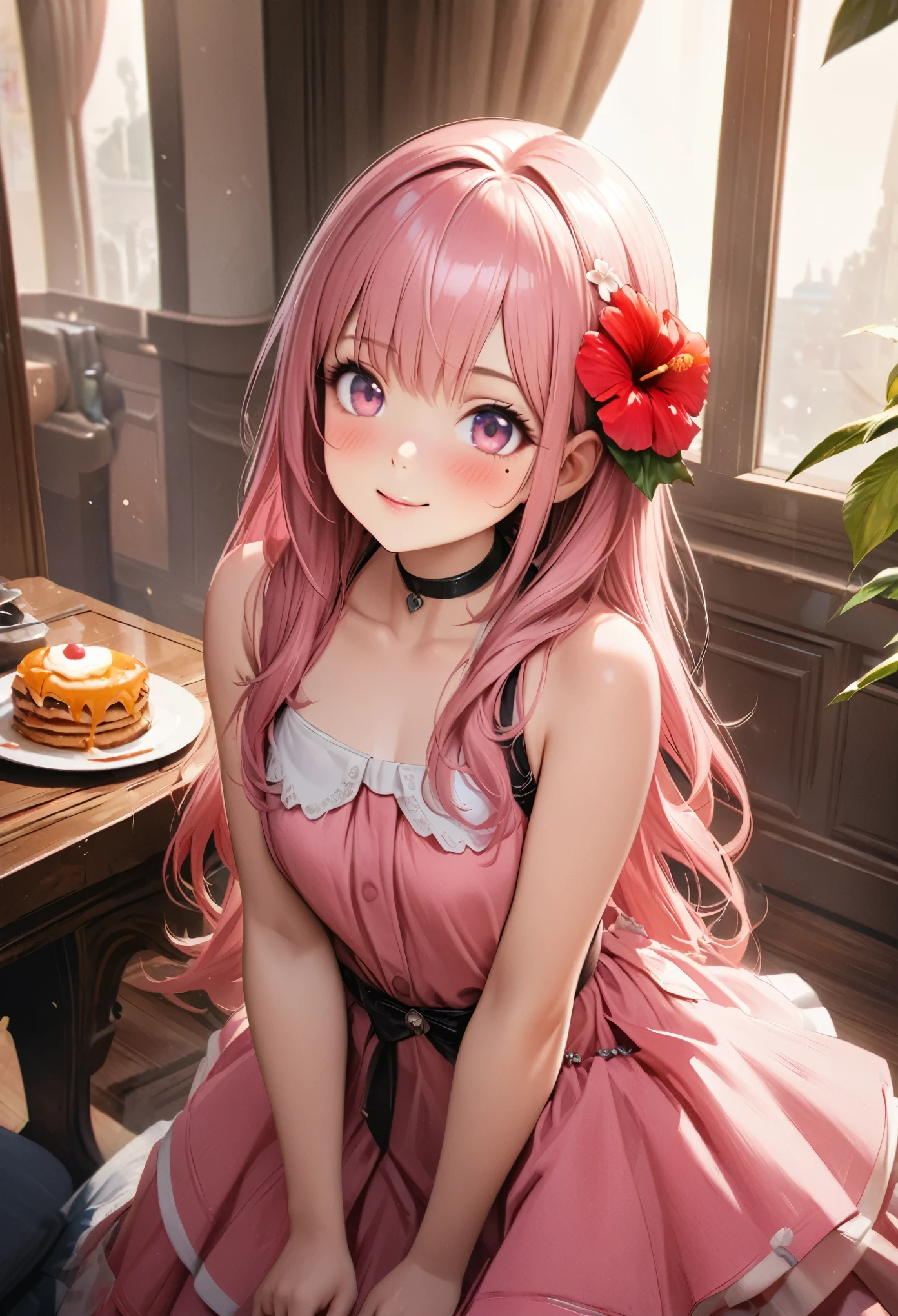 masterpiece, highest quality, Very detailed, High resolution, An expensive solution, High resolution, 4K, 8k, unity 8k wallpaper, Very detailed CG, masterpiece, Realistic、 Beautiful details, depth, Fine texture, highest quality: 1.3, Total concentration, Crisp skin, he, Very cute anime, Cute like an idol, expensive pink long hair, One Girl,Hawaiian Dresses 、breakfast、 hibiscus hair accessory, smile、long pink hair, whole body, Mole under the eye, Line Sight, expensive, blush, Lips parted, heart, Pink Eyes, choker