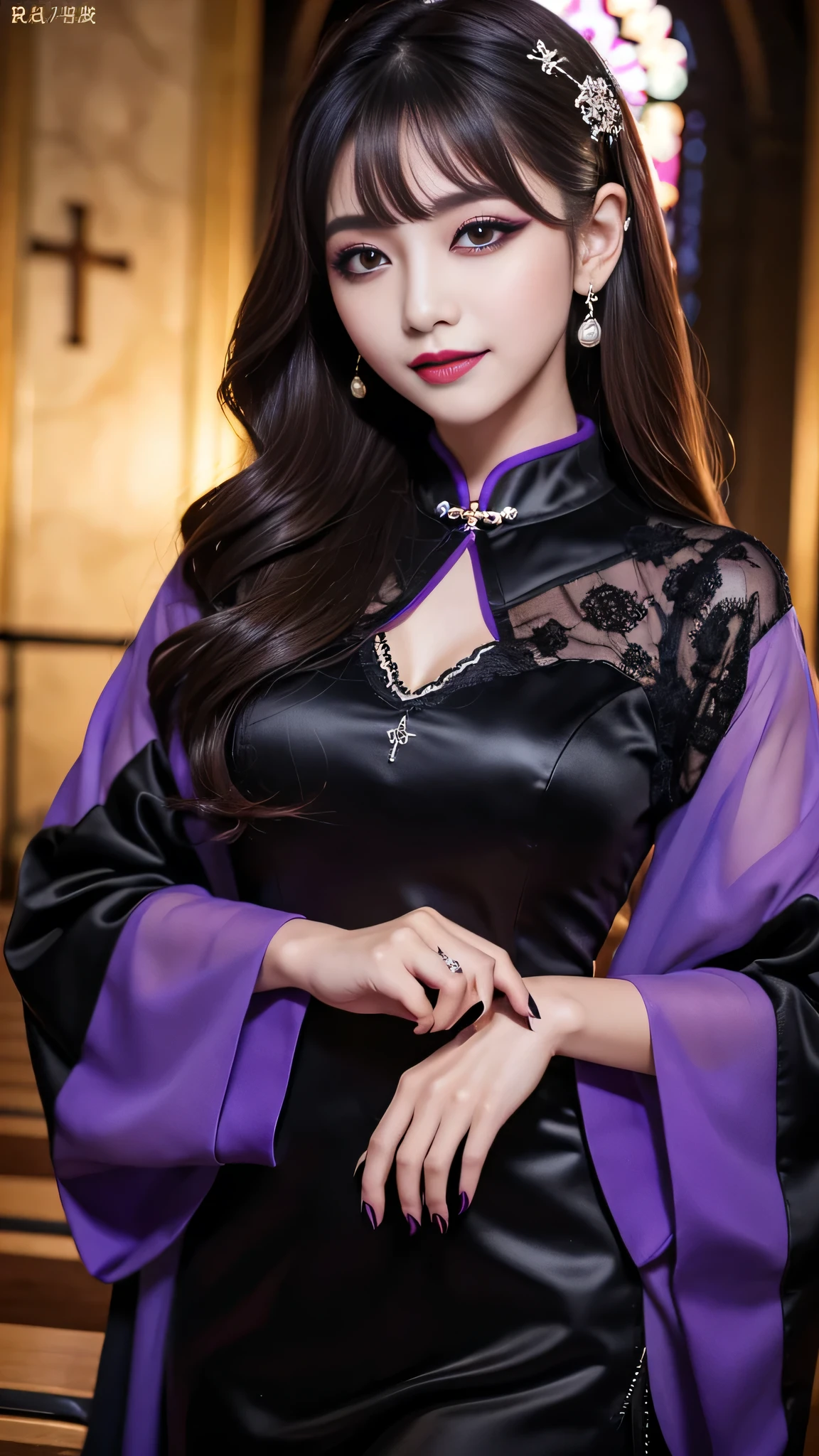 best quality、ultra-detailed、4k、Japanese、Seductive beauty、seductive adult woman、Pretty Woman、cool girl、Villainess、Brainwashed、brainwash、Fallen into evil、smirk、Evil look、Wicked Smile、evil、Brown hair、wavy hair、swept bangs、dark makeup、dark makeup、piercing eyes、hollow eyes,half-closed eyes、Hollow Eyes、Purple Eyeshadow、black lipstick、black lipglos、Long Black Cheongsam、Wide sleeves、night、inside church、makeup brush