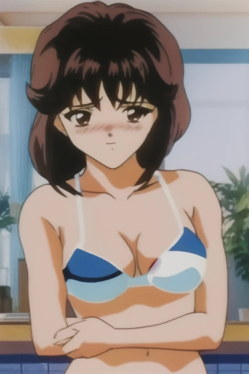 tomoko, One Girl, alone, length_hair, chest, blush, surprise,Embarrassed, 前hair, brOwn_hair, just_shoulder, Closed_mouth, underwear, clavicle, Swimwear, upper_body, bikini, indoor, good, window, Own_hand_together, plant, Retro_Art Style, Own_hand_Clenched,highest quality,High resolution,