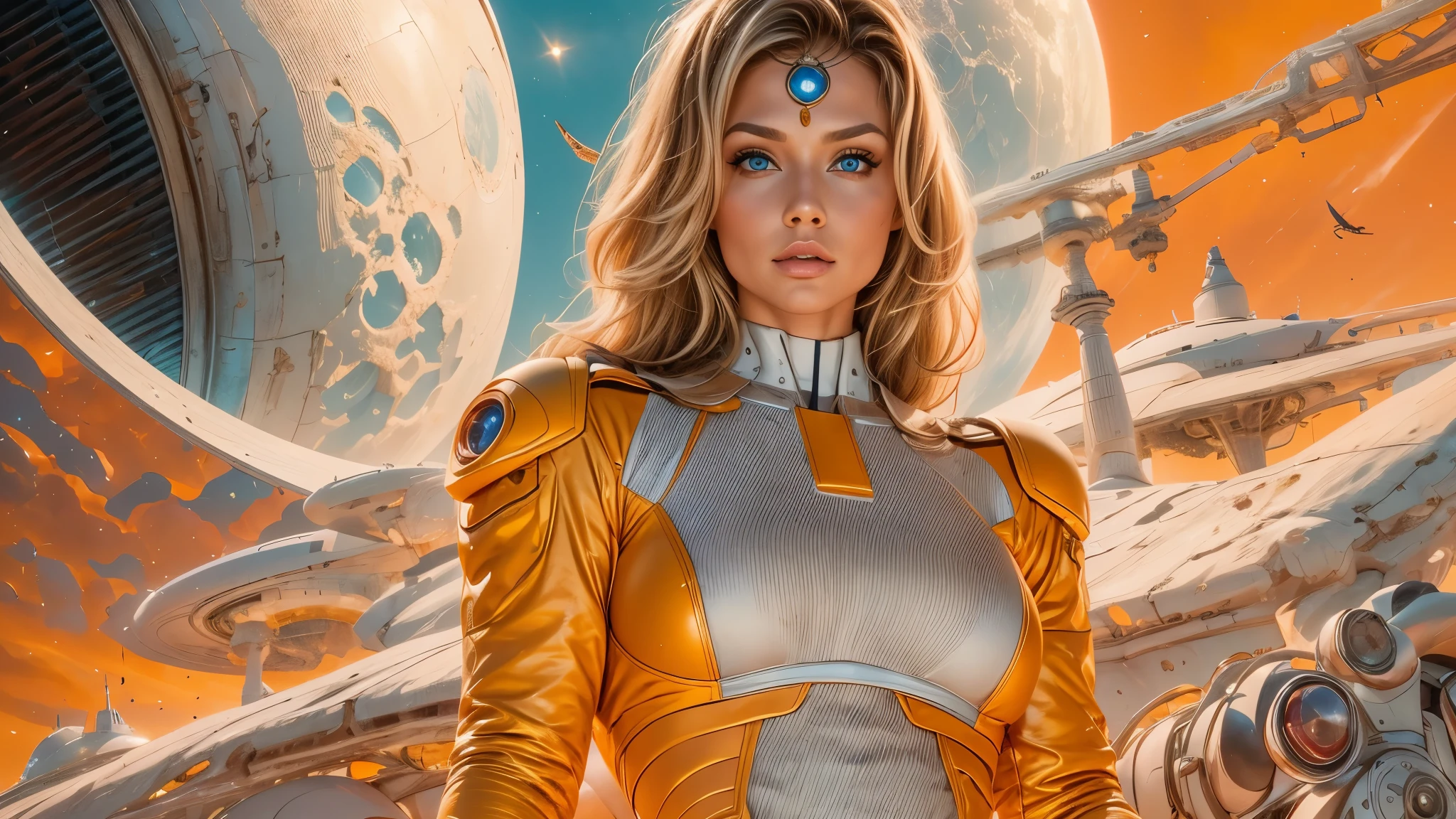 arafed image of a white woman in a futuristic suit with a spaceship in the background, movie art, in front of an orange background, inspired by Robert McGinnis, female protagonist, megastructure in the background, portrait of an ai astronaut, astronauts, an astronaut, portrait of a astronaut skeletor, perfect android girl, detailed eyes, perfectly detailed teeth, frank franzzeta and sakimichan  