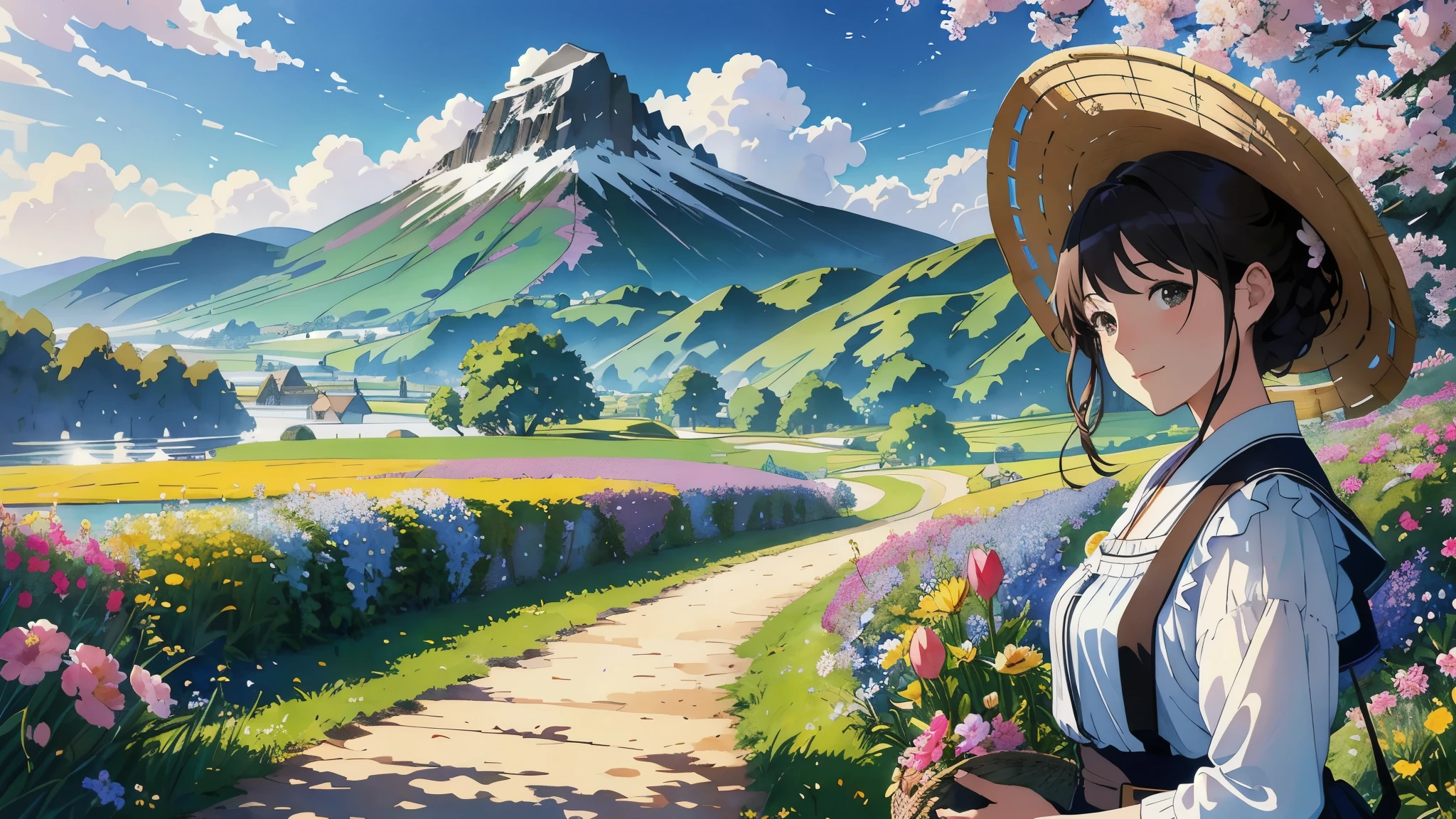 (highest quality、masterpiece、High resolution)、(Sargent-style watercolor)、(Anime Art)、Soft Light、Cotswolds view、Old farmhouse、flowers bloom、((Two women、We are all taking a walk、Holding a basket of flowers))、(Detailed depiction of a beautiful face)、Smiling Kindly、Medium Short Hair、Dark brown hair、Braided hair、White blouse and long skirt、picnic、Cinematic Light、Soft sunlight、lake、beautiful mountain in background々、Blur the background、