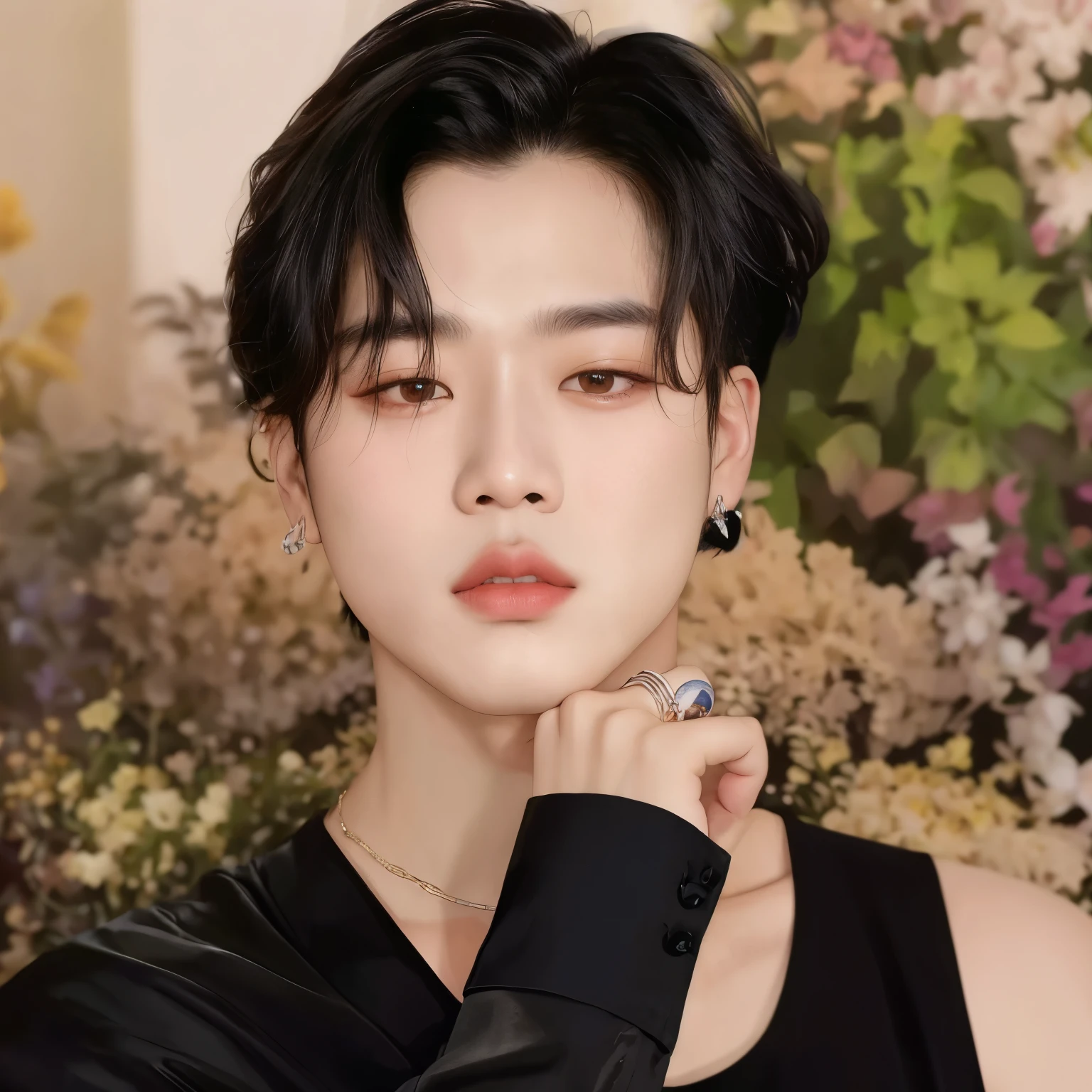 Araffe Asian man in a black shirt and a black top, park Jimin, Jimin\the full lips, Jimin, Jimin\o nariz grego, Jung Jaehyun, Jinyoung Shin, Jimin\the right eyelid is swollen, hyung tae, Hong junho hyung, Tae June Kim, accurate Jimin face, cai xukun, kpop idol portrait
