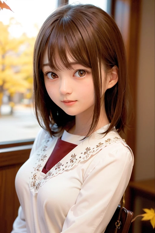 Tabletop, highest quality, One girl, (beautiful girl:1.3), (18-year-old:1.3), Extremely fine resolution, (Symmetrical eyes:1.3), (autumn leaves), (Beautiful breasts, Brown eyes, parted bangs, brown hair,  girl