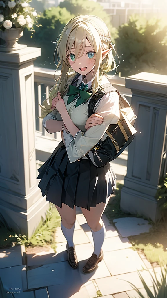 One elf woman, white skin, beautiful green eyes, beautiful blonde hair, headband, high school student, skirt, school bag on her shoulder, gothic uniform, staring at the viewer, smiling with open mouth, in front of the school gate ,