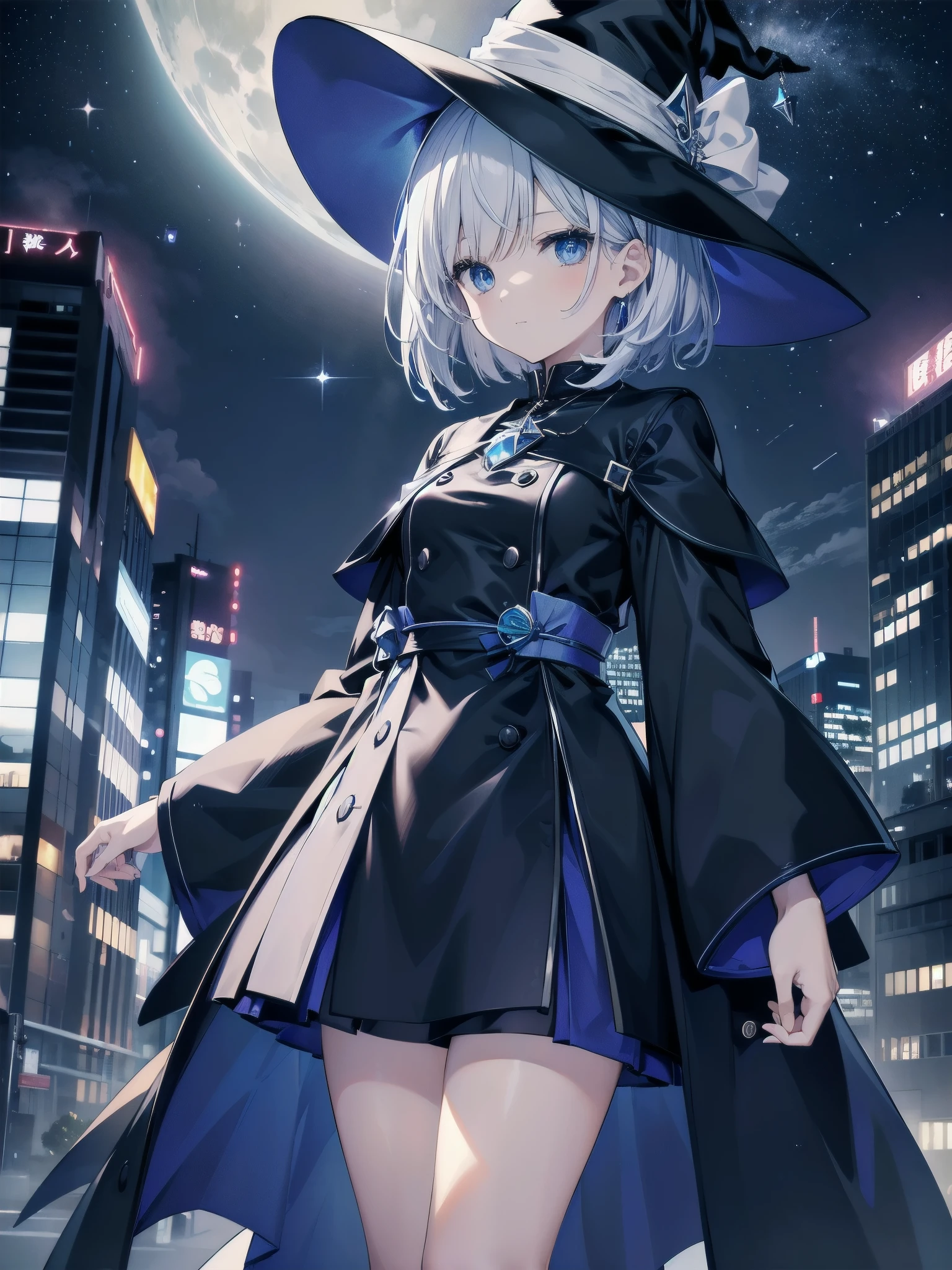 This is the rooftop of a skyscraper in Tokyo.、It&#39;s late at night now、Behind me is a night view, a small moon, and a starry sky.、You can see the beautiful sea with the moonlight reflecting in the distance.、Photograph her from an angle of 45 degrees above、1 small breasted adult woman、She wears a large black witch hat with sapphire accessories、Loose, white medium short hair lob hair with pale blue mesh、Blue Eyes、Black long coat、White Sailor Suit、Black Skirt、Cool face、sapphire necklace、Cool woman、She has an assault rifle、high resolution、High Quality、High resolution、2 million pixels、2D illustration、Japan anime、,drawn by Japanese ilastrator、Full Shot、High quality、High Detail、high resolution、4K quality、Beautiful background