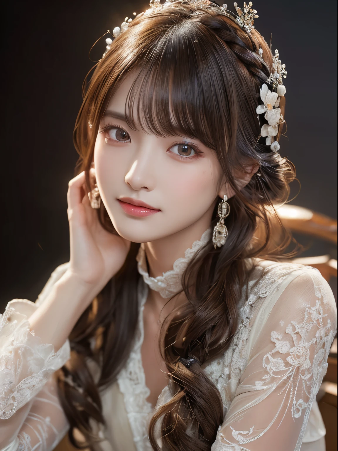 A woman with long hair wearing a white dress and a flower headpiece ...