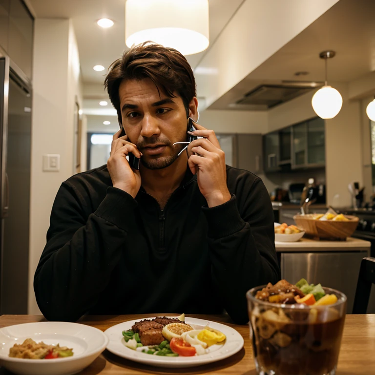 Very hungry man talking on the phone asking for food