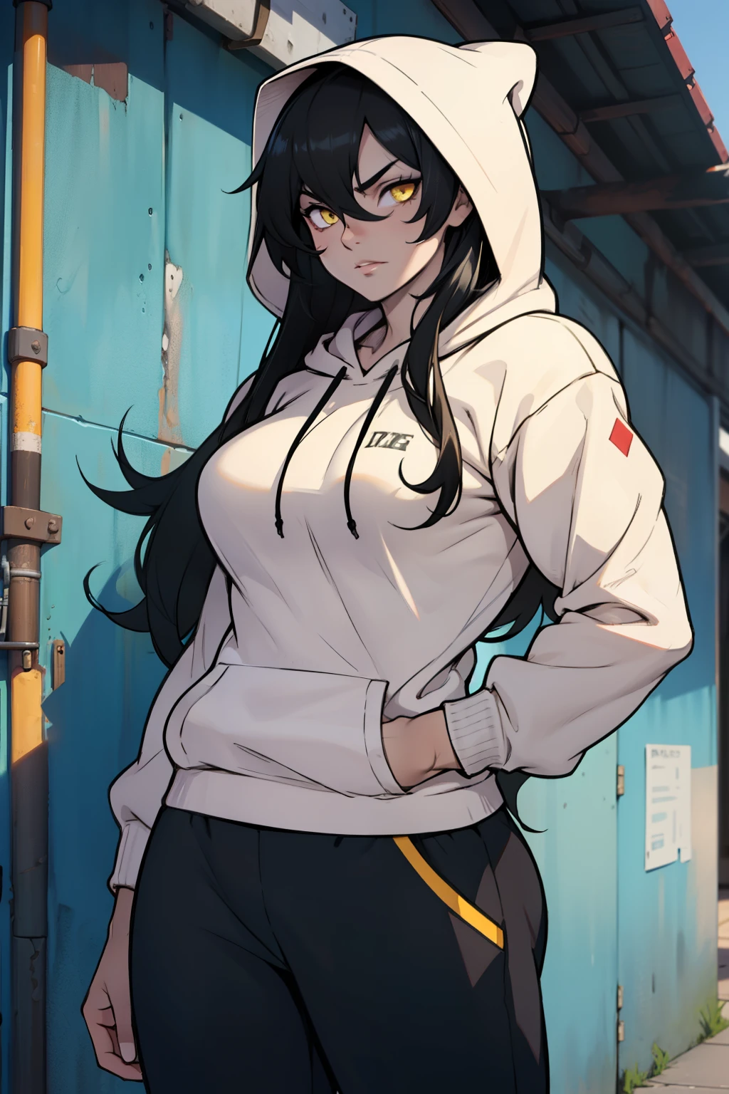 ((1girl muscular)) pale skin black hair very long hair yellow eyes large breasts hoodie sweatpants