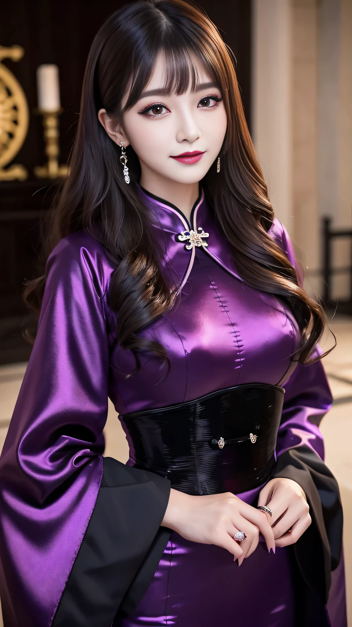 best quality、ultra-detailed、4k、Japanese、Seductive beauty、seductive adult woman、Pretty Woman、cool girl、Villainess、Brainwashed、brainwash、Fallen into evil、smirk、Evil look、Wicked Smile、evil、Brown hair、wavy hair、swept bangs、dark makeup、dark makeup、piercing eyes、hollow eyes,half-closed eyes、Hollow Eyes、Purple Eyeshadow、black lipstick、black lipglos、Long Black Cheongsam、Wide sleeves、night、inside church、Applying lipstick