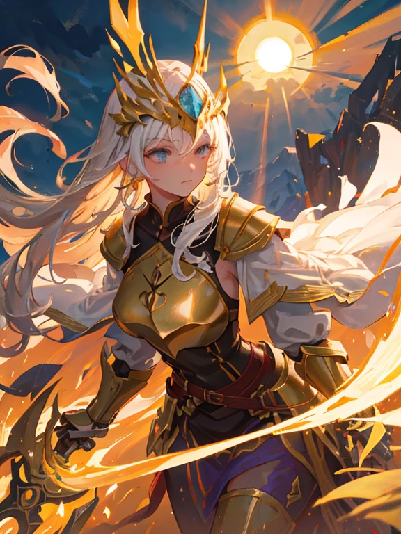 At the top of a steep hill, against the twilight horizon, an imposing figure stands with majesty. A woman, wearing full armor, stands at the highest point of the terrain, gazing determinedly into the valley below. Her helmet is adorned with intricate details, with a visor that reveals only her resolute eyes, shining with the golden light of the setting sun.
Her armor, polished to an impeccable shine, is a masterpiece of craftsmanship, each plate meticulously forged to offer maximum protection without compromising mobility. Each piece gleams as it reflects the last rays of sunlight, creating a striking contrast with the somber landscape around her.
In her right hand, she holds a longsword, whose gleaming blade seems eager to challenge any adversary that dares to cross her path. In the left, a shield adorned with a familiar crest, symbol of her lineage and heritage.
The wind gently stirs the cape that envelops her shoulders, highlighting her firm and confident posture. She is a fearless warrior, a defender of her realm and her people, ready to face any challenge that fate may hold.
Around her, the medieval scenery unfolds in all its grandeur. Castle towers rise against the orange-tinted sky, while verdant fields stretch as far as the eye can see. The distant sound of church bells and the clashing of swords echo through the air, reminding her of the constantly conflicted world she has sworn to protect.
In this solemn moment, she prepares to descend the steep slope toward the valley below, where destiny awaits with its challenges and dangers. But she does not falter; her heart is filled with courage and determination, ready to face any battle that life may present her.