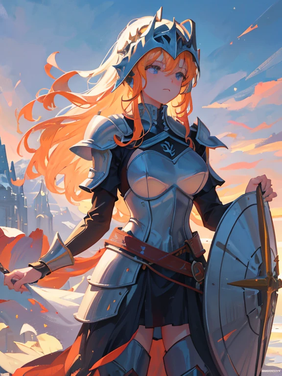 At the top of a steep hill, against the twilight horizon, an imposing figure stands with majesty. A woman, wearing full armor, stands at the highest point of the terrain, gazing determinedly into the valley below. Her helmet is adorned with intricate details, with a visor that reveals only her resolute eyes, shining with the golden light of the setting sun.
Her armor, polished to an impeccable shine, is a masterpiece of craftsmanship, each plate meticulously forged to offer maximum protection without compromising mobility. Each piece gleams as it reflects the last rays of sunlight, creating a striking contrast with the somber landscape around her.
In her right hand, she holds a longsword, whose gleaming blade seems eager to challenge any adversary that dares to cross her path. In the left, a shield adorned with a familiar crest, symbol of her lineage and heritage.
The wind gently stirs the cape that envelops her shoulders, highlighting her firm and confident posture. She is a fearless warrior, a defender of her realm and her people, ready to face any challenge that fate may hold.
Around her, the medieval scenery unfolds in all its grandeur. Castle towers rise against the orange-tinted sky, while verdant fields stretch as far as the eye can see. The distant sound of church bells and the clashing of swords echo through the air, reminding her of the constantly conflicted world she has sworn to protect.
In this solemn moment, she prepares to descend the steep slope toward the valley below, where destiny awaits with its challenges and dangers. But she does not falter; her heart is filled with courage and determination, ready to face any battle that life may present her.
