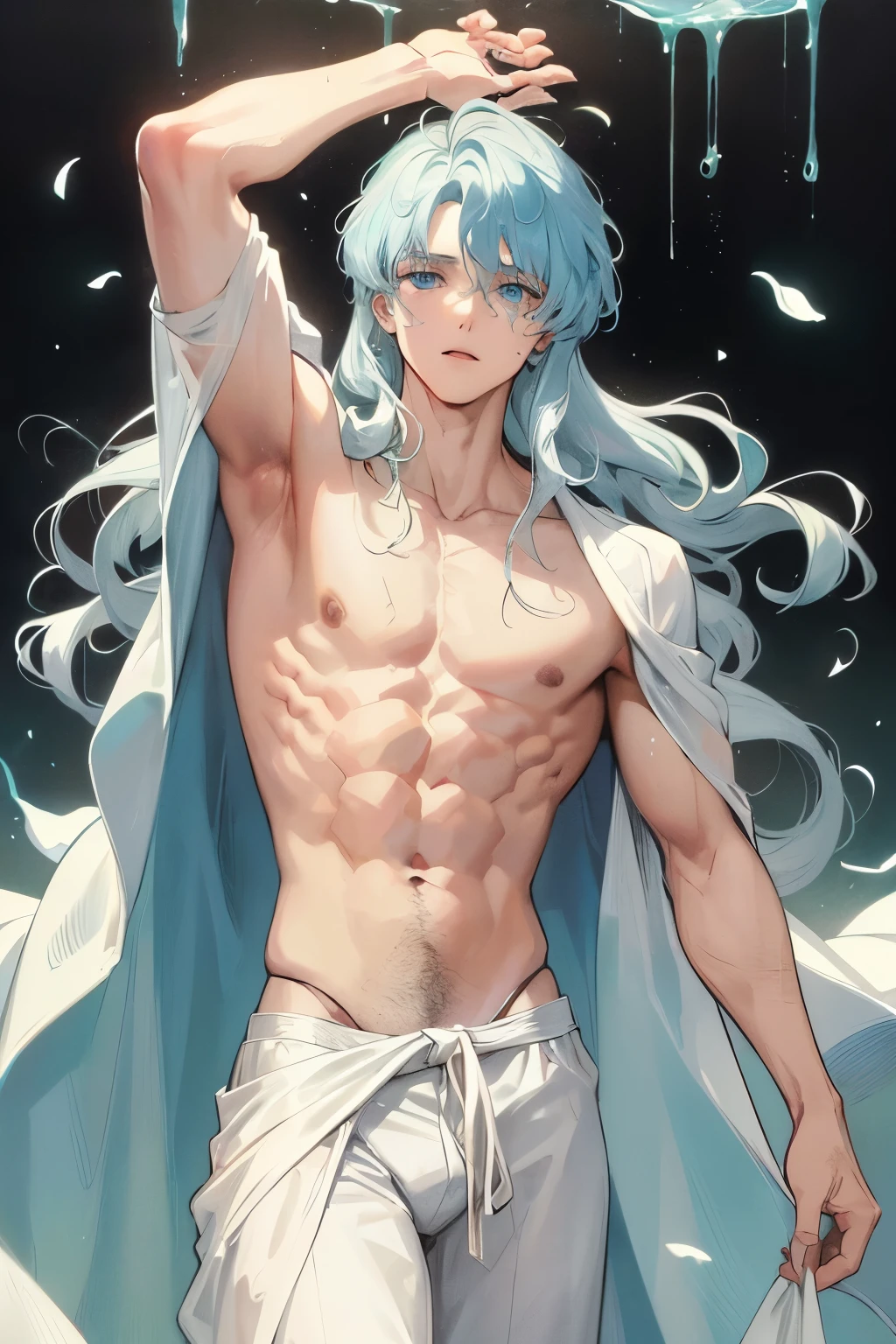 In the heart of the serene wilderness, the enchanting figure of Griffith, a mid-20s man with long white-bluish wavy hair and captivating blue eyes, stands proudly. The soft pastel colors of the scene bathe him in a retro, 80's city pop atmosphere, heightening the sense of nostalgia and allure. His chiseled body, echoing the masterpiece of nature around him, is tastefully exposed, revealing his toned torso. The intricate details of his masculine features are perfectly captured, each strand of wavy hair, each curve of his muscular frame, painted with the greatest of care and dedication in