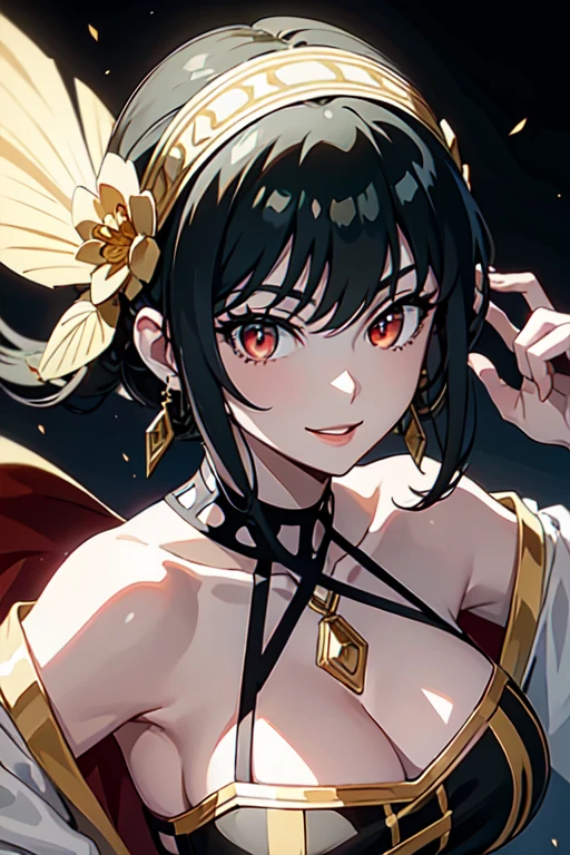 yor briar, anime style beutiful woman, 1girl,fullbody, happy, smile, red face, closed mouth, beautiful detailed eyes, super detailed skin, backlighting, bare shoulders, black background, black dress, black gloves, black hair, breasts, dress, earrings, fingerless gloves, floating hair, floral print, flower, gloves, gold earrings, gold hairband, hair flower, hair ornament, hairband, holding, holding weapon, jewelry, large breasts, long hair, looking at viewer, off-shoulder dress, off shoulder,red eyes, short hair with long locks, sidelocks, solo, spikes, thighs, two-sided dress, two-sided fabric, weapon, fighting stance , face, close up, from above, highest quality, high resolution.