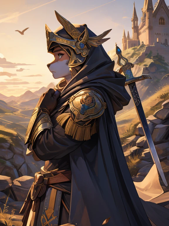 At the top of a steep hill, against the twilight horizon, an imposing figure stands with majesty. A woman, wearing full armor, stands at the highest point of the terrain, gazing determinedly into the valley below. Her helmet is adorned with intricate details, with a visor that reveals only her resolute eyes, shining with the golden light of the setting sun.
Her armor, polished to an impeccable shine, is a masterpiece of craftsmanship, each plate meticulously forged to offer maximum protection without compromising mobility. Each piece gleams as it reflects the last rays of sunlight, creating a striking contrast with the somber landscape around her.
In her right hand, she holds a longsword, whose gleaming blade seems eager to challenge any adversary that dares to cross her path. In the left, a shield adorned with a familiar crest, symbol of her lineage and heritage.
The wind gently stirs the cape that envelops her shoulders, highlighting her firm and confident posture. She is a fearless warrior, a defender of her realm and her people, ready to face any challenge that fate may hold.
Around her, the medieval scenery unfolds in all its grandeur. Castle towers rise against the orange-tinted sky, while verdant fields stretch as far as the eye can see. The distant sound of church bells and the clashing of swords echo through the air, reminding her of the constantly conflicted world she has sworn to protect.
In this solemn moment, she prepares to descend the steep slope toward the valley below, where destiny awaits with its challenges and dangers. But she does not falter; her heart is filled with courage and determination, ready to face any battle that life may present her.