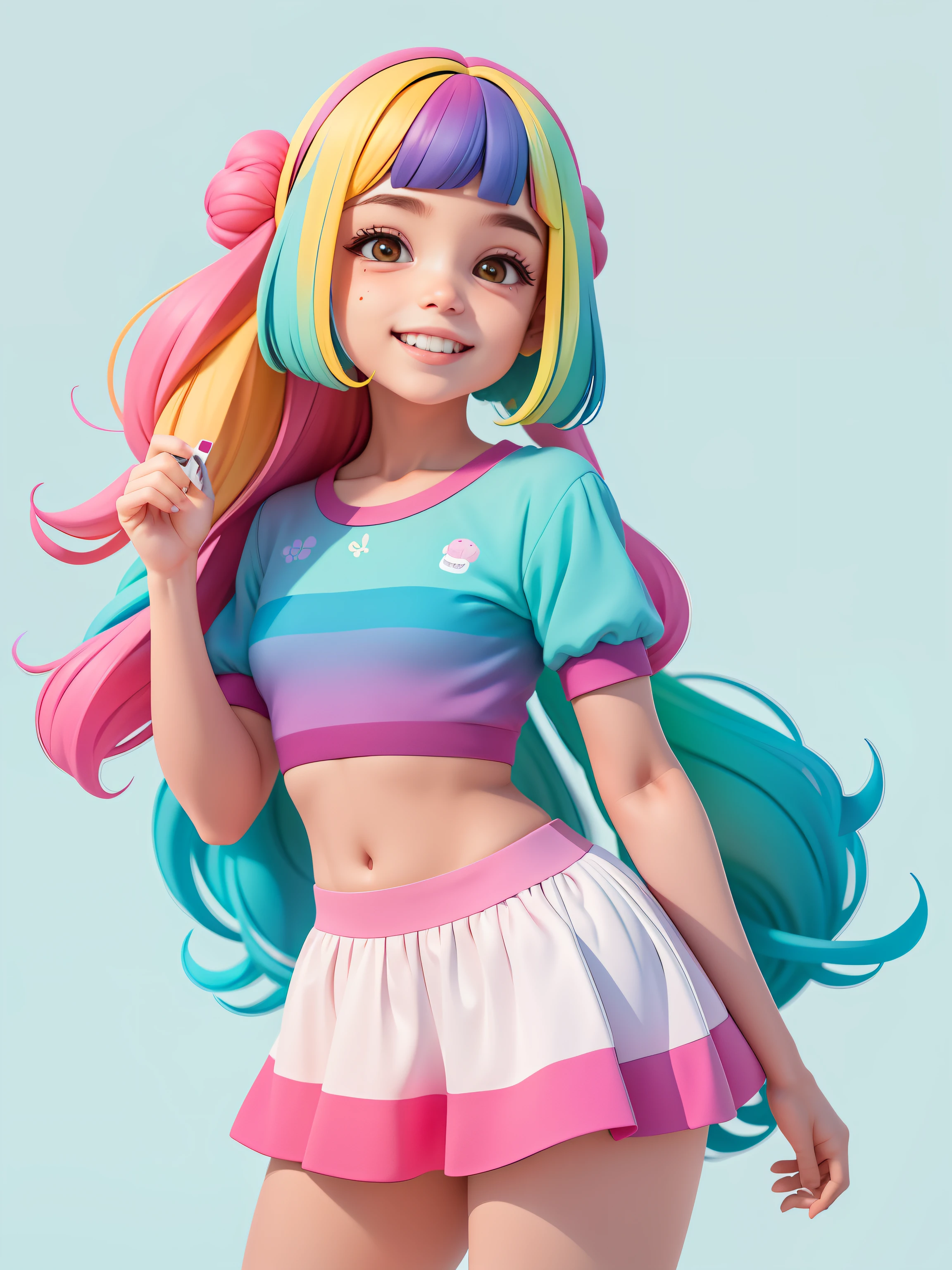 (obra maestra), (mejor calidad), (ultra detallado), (cuerpo entero: 1.2) linda adolescente gorda, ligero y detallado, sonrisa clara, cuerpo entero, :3, cabello multicolor, corto, lejos, miedo, moderno, accesorios modernos, fondo de tono pastel , colorido y sencillo.