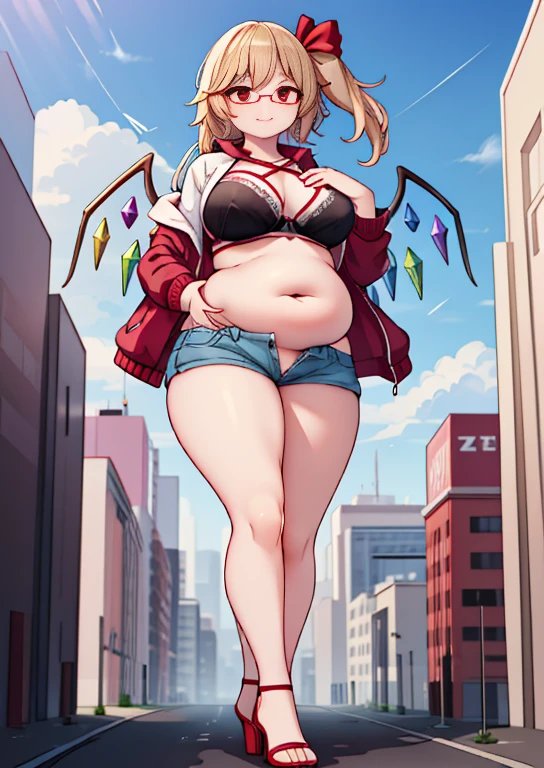 (masterpiece, best quality, highly detailed), 1girls, big belly, huge belly, art by kipteitei, round belly, chubby, curvy, belly grab, enormous belly, fat belly, thicc, bigger belly, really big belly, jiggly belly, glasses, unzipped jacket, (no shirt), bra, thight shorts, high heels, smug face ((full body)), long hair, ((dominant)), mommy, (giantess), Flandre scarlet