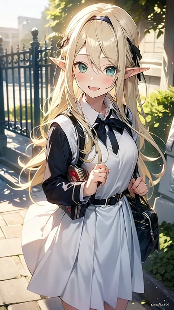 One elf woman, white skin, beautiful green eyes, beautiful blonde hair, headband, high school student, skirt, school bag on her shoulder, gothic uniform, staring at the viewer, smiling with open mouth, in front of the school gate ,