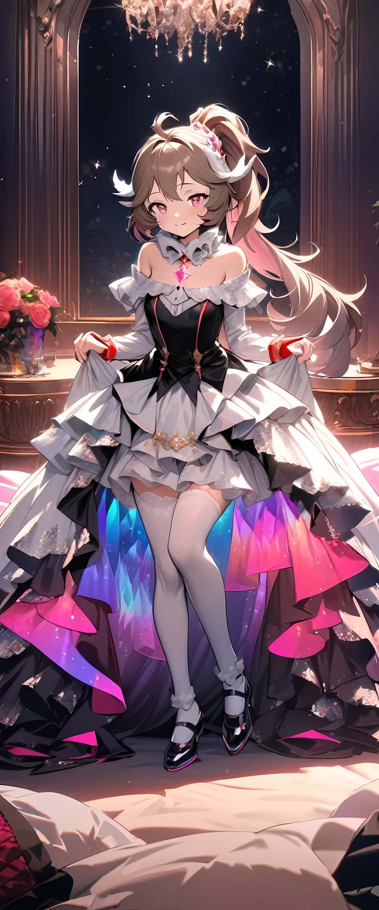 (glitters:0.9), (Sparkle:0.9), (Shine:0.9), (Best quality), (Masterpiece:1.2), Eyjafjalla_\(Arknights)\,Extremely colorful,Colorful,Beautiful and delicate face and hair,Complete body,((light brwon ponytail)),Princess dress,Lace,folds,Ruffles, White stockings Long leguffin shoes,Seductive pose,Luxurious bedroom,the night, ((happy facial expression))