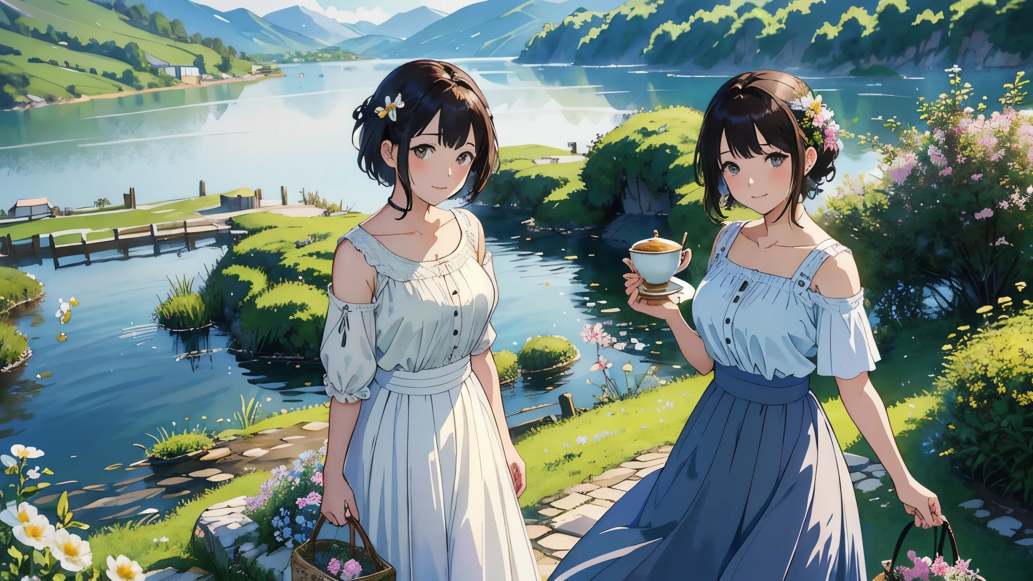 (highest quality、masterpiece、High resolution)、(Sargent-style watercolor)、(Anime Art)、Soft Light、lake水地方の眺め、Old farmhouse、flowers bloom、((Two women、20-year-old、tea time、Let&#39;s all enjoy the beautiful scenery、Flower Basket、))、(Detailed depiction of a beautiful face)、Smiling Kindly、Medium Short Hair、Dark brown hair、Braided hair、White blouse and long skirt、one piece、picnic、Cinematic Light、Soft sunlight、lake、beautiful mountain in background々、Blur the background、 