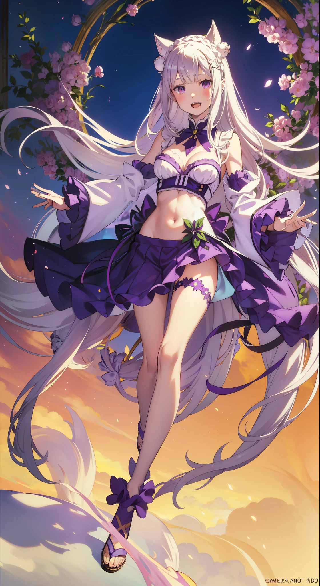 Emilia re:zero, purple eyes, Emilia, crown braid, x hair ornament, flower hair ornament, white hair, long hair, medium breasts, young girl, Long white hair, cat ears, violet eyes, red translucent blouse, Upskirt, Sleeveless, open belly, Smile, open mouth, Masterpiece, hiquality, 4k, HD, Good detail