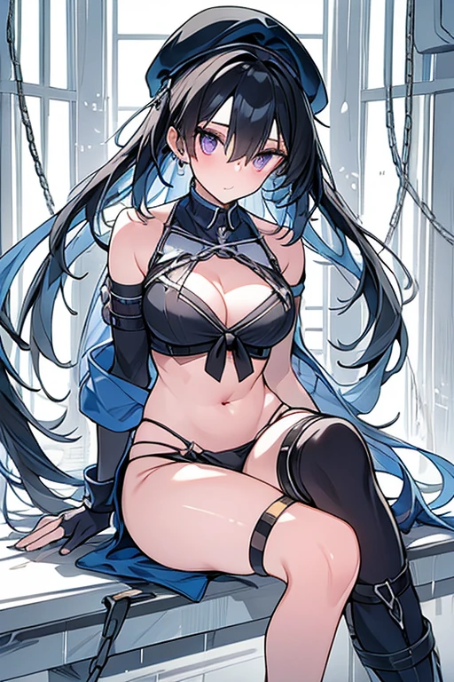 (Thynasha:1.2),dark blue hair,very long hair, purple eyes,(beautiful detailed eyes:1.0), extremely detailed face, perfect lighting, hair between eyes,bangs, (black beret, black jacket, open clothes, cleavage, midriff, black medium skirts, black thighhighs, thigh strap, fingerless gloves, single glove:1.2), Photo,sharpness, F1.6 lens,hyper-realistic textures,spectacular light textures, Cinestil 800 Fashion Mechanics,(((Beautiful woman with left leg restrained by chains))),Appearance,Beautiful girl with accentuated slender abs: 1.1,six-pack abs: 1.1, Bust Botox,Standing on tiptoe, long legs,Long brown hair fluttering in the wind,Brown hair, Long hair, Female Warrior Costume,(No panties,No bra),(tacticul battle fashion,elbow and knee tacticul battle fashion, battle glove: 1.1),((cute batre costume)),The belly comes out and the navel is visible,Thin sheer costume, combat gloves,shredded costumes,cyber long combat boots with golden knee pads,Anatomical,(futuristic sci-fi battle fashion, new elbow and knee cyberpads, new cyberlong boots, new cybergloves: 1.1),(tied perfectly by iron chain:1.3), Restraint, Slave, collars, contempt, (Chained), 4 chains hung from heaven, Metallic shackles and fetters, wet crotch clearly visible,((Hands are restrained above the head)), the neck is chained,Chain from left knee to heaven,Chained by rusty iron chains,((the tip is protruding, areolas protruding,The shape of the pubic harearea is clearly visible:0.9)),Sweating,Wet,Wet crotch,Wet thighs,Junkyard, Realistic, (cute, perfect clothes, skimpy clothes, cute: 1.3) ,Vast miritary base in us,((wide mirtary hospital with summer sunlight)), peeling ceilings, Rebar between, Realistic material details, Extreme details, Ultra-realistic materials,narrow waist,(with sparkling eyes and a contagious smile:0.9),looking at viewer,
