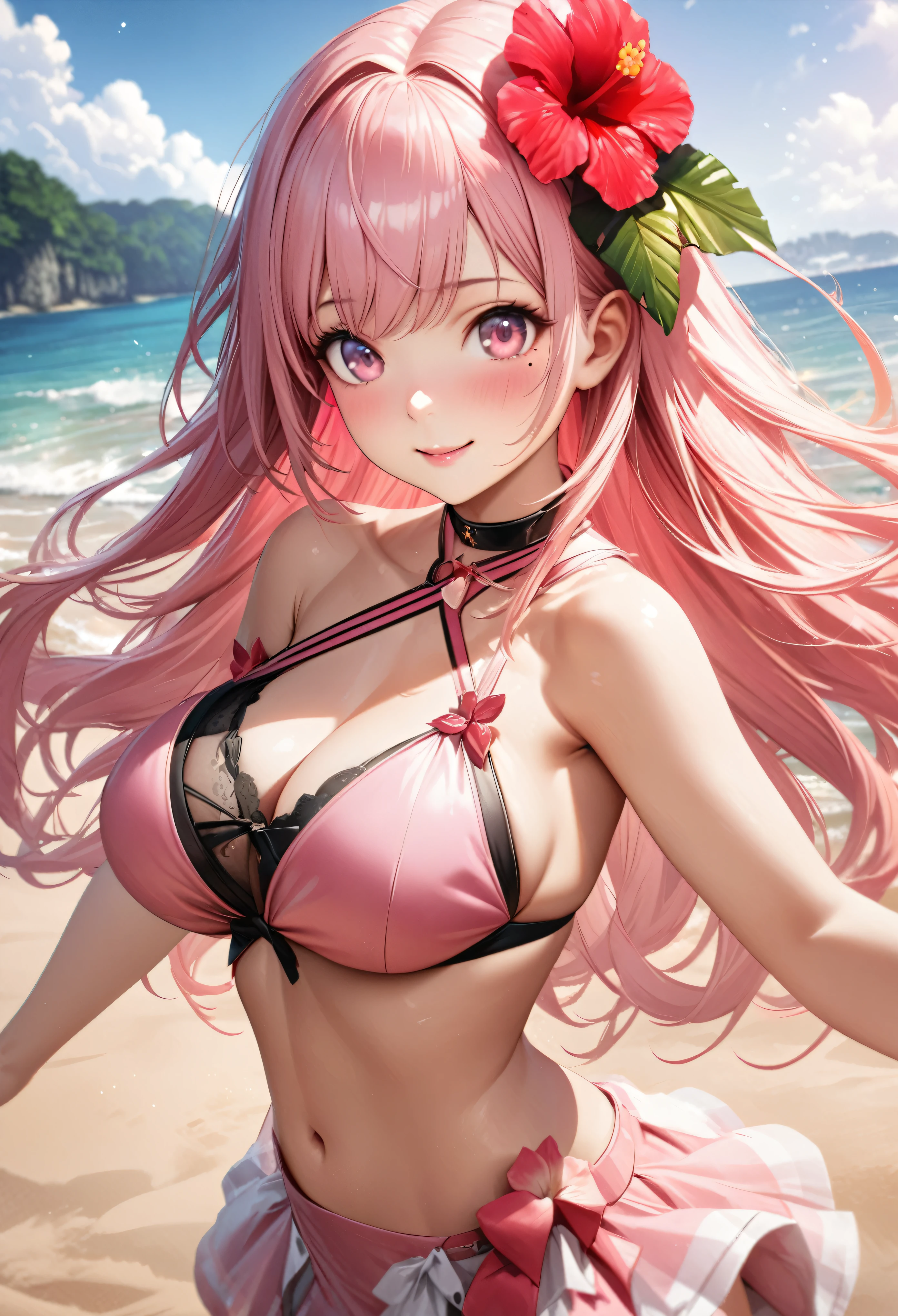 masterpiece, highest quality, Very detailed, High resolution, An expensive solution, High resolution, 4K, 8k, unity 8k wallpaper, Very detailed CG, masterpiece, Realistic、 Beautiful details, depth, Fine texture, highest quality: 1.3, Total concentration, Crisp skin, he, Very cute anime, Cute like an idol, expensive pink long hair, One Girl,bikini、Large Breasts、Sandy Beach, Hibiscus Hair Accessories, smile、long pink hair, whole body, Mole under the eye, Line Sight, expensive, blush, Lips parted, heart, Pink Eyes, choker