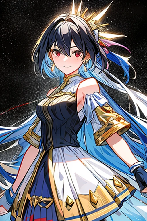 yor briar, anime style beutiful woman, 1girl, happy, smile, with sparkling eyes and a contagious smile:1.1),looking at viewer,red face, closed mouth, beautiful detailed eyes, super detailed skin, backlighting, bare shoulders, black background, black dress, black gloves, black hair, breasts, dress, earrings, fingerless gloves, floating hair, floral print, flower, gloves, gold earrings, gold hairband, hair flower, hair ornament, hairband, holding, holding weapon, jewelry, large breasts, long hair, looking at viewer, off-shoulder dress, off shoulder,red eyes, short hair with long locks, sidelocks, solo, spikes, thighs, two-sided dress, two-sided fabric, weapon, fighting stance , face, close up, from above, highest quality, high resolution.
