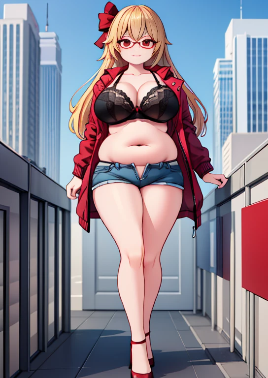 (masterpiece, best quality, highly detailed), 1girls, big belly, huge belly, art by kipteitei, round belly, chubby, curvy, belly grab, enormous belly, fat belly, thicc, bigger belly, really big belly, jiggly belly, glasses, unzipped jacket, (no shirt), bra, thight shorts, high heels, smug face ((full body)), long hair, ((dominant)), (mommy), (giantess), Flandre scarlet