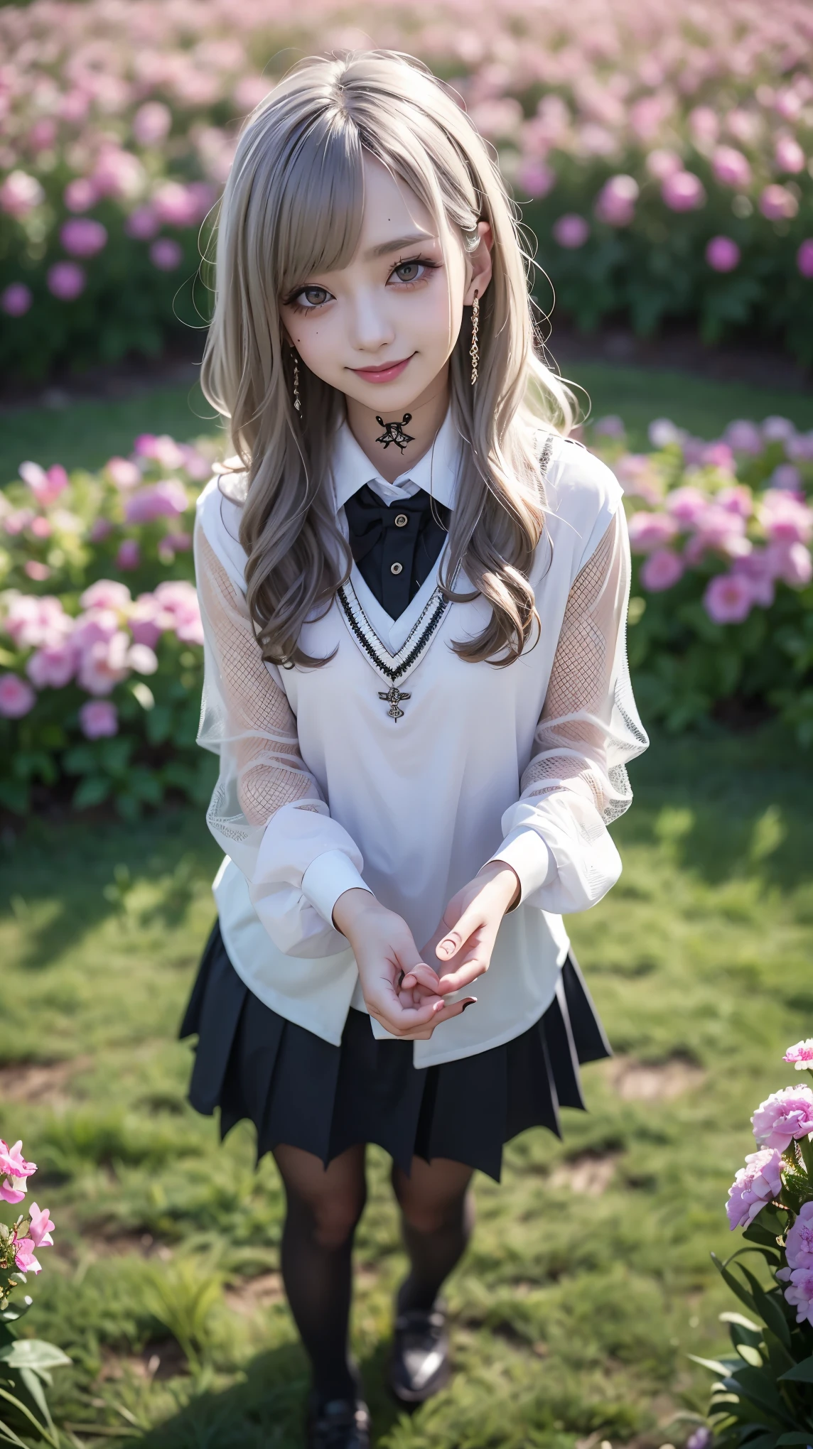 Realistic, masterpiece, highest quality, Highest Resolution, one Japanese high school girl, 16 years old, Upper body photo, She narrows her eyes and looks at me with a shy smile and a smile, Laughing with mouth open, Beautiful and detailed eye drawing, (droopy eyes:1.3), Dark Eyes, Thin eyebrows, Carefully draw eyelashes, Eyelash extensions, Gal Makeup, Orange teak, (White brown wavy hair with white mesh, long hair, middle part:1.3), (hidden creased eyelids:1.3), (Gothic school uniform:1.2), (The subject was photographed from above at an angle:1.3), (Flower Field:1.3), (Standing up and trying to grab the audience:1.5)