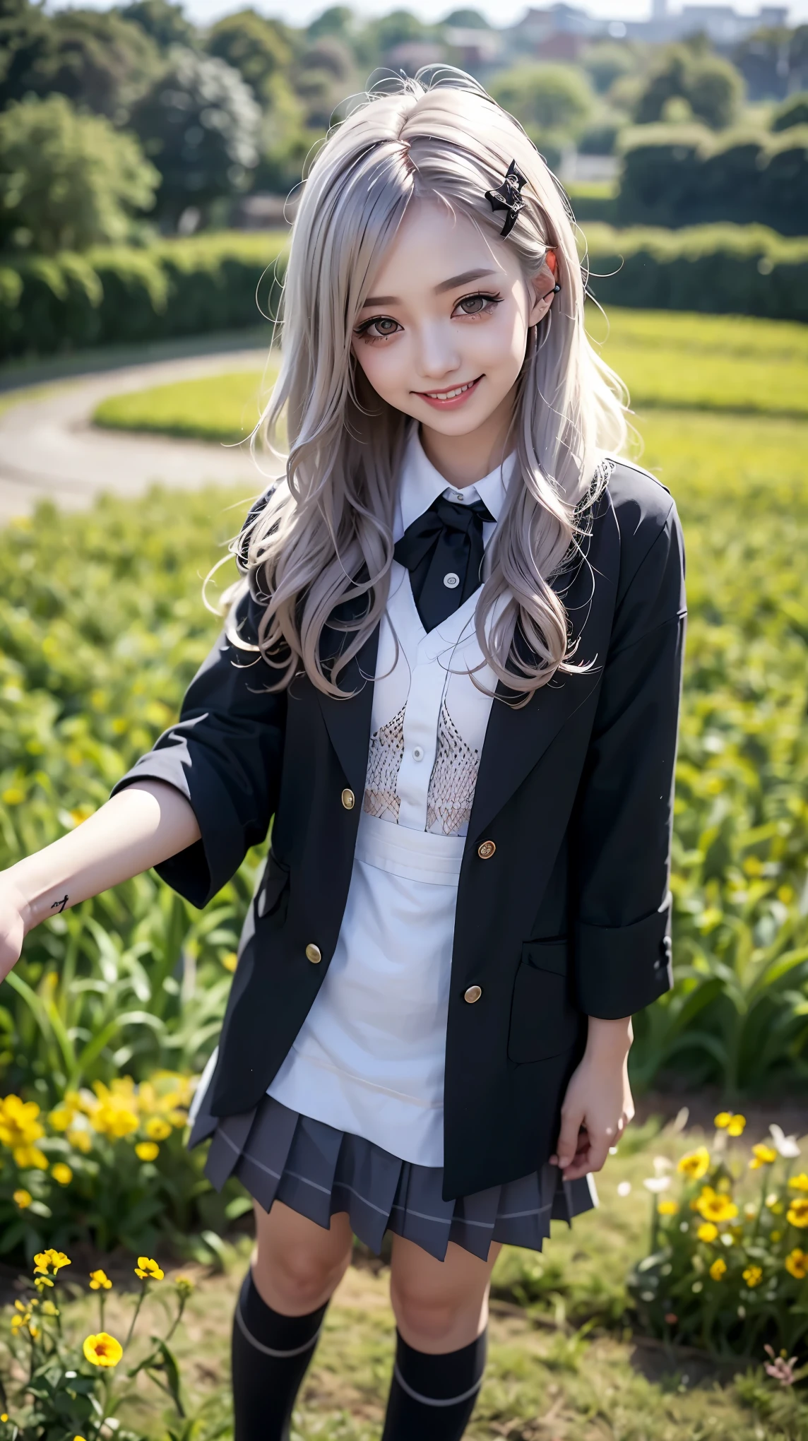 Realistic, masterpiece, highest quality, Highest Resolution, one Japanese high school girl, , Upper body photo, She narrows her eyes and looks at me with a shy smile and a smile, Laughing with mouth open, Beautiful and detailed eye drawing, (droopy eyes:1.3), Dark Eyes, Thin eyebrows, Carefully draw eyelashes, Eyelash extensions, Gal Makeup, Orange teak, (White brown wavy hair with white mesh, long hair, middle part:1.3), (hidden creased eyelids:1.3), (Gothic school uniform:1.2), (The subject was photographed from above at an angle:1.3), (Flower Field:1.3), (Standing up and trying to grab the audience:1.5)