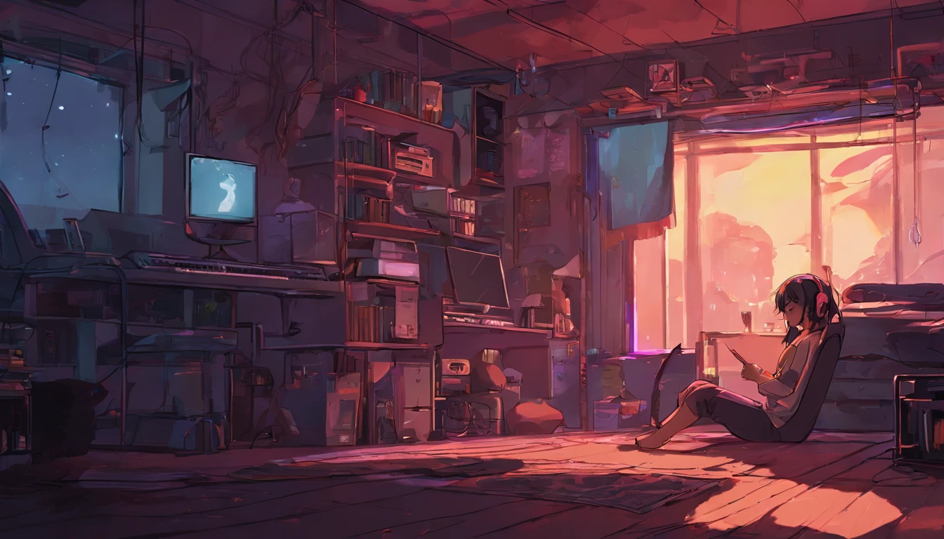 night、Girl sitting and listening to music in a cozy room, Using headphones, Anime-style 2D, Lo-Fi, hard disk, Dark Environment