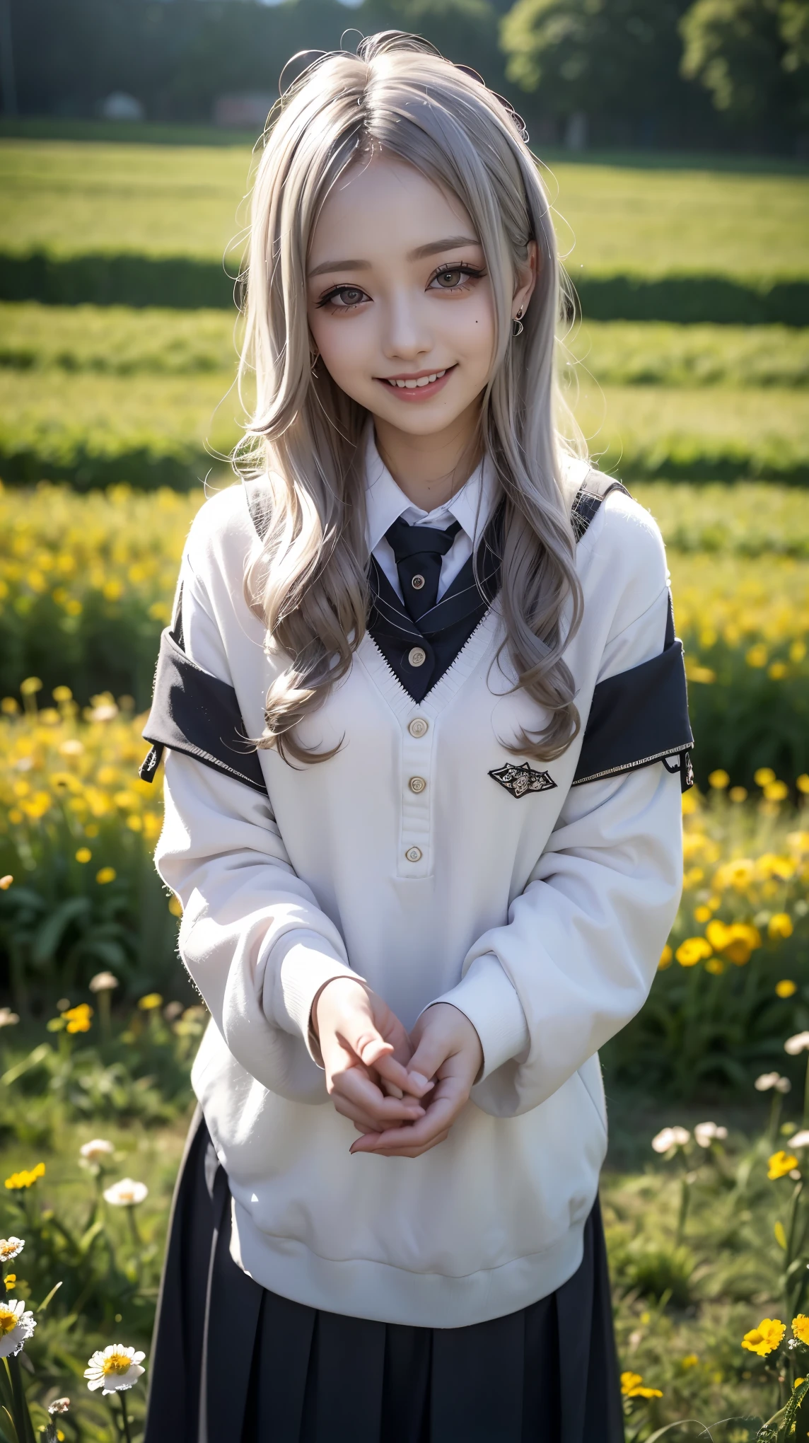 Realistic, masterpiece, highest quality, Highest Resolution, one Japanese high school girl, 16 years old, Upper body photo, She narrows her eyes and looks at me with a shy smile and a smile, Laughing with mouth open, Beautiful and detailed eye drawing, (droopy eyes:1.3), Dark Eyes, Thin eyebrows, Carefully draw eyelashes, Eyelash extensions, Gal Makeup, Orange teak, (White brown wavy hair with white mesh, long hair, middle part:1.3), (hidden creased eyelids:1.3), (Gothic school uniform:1.2), (The subject was photographed from above at an angle:1.3), (Flower Field:1.3), (Standing up and trying to grab the audience:1.5)