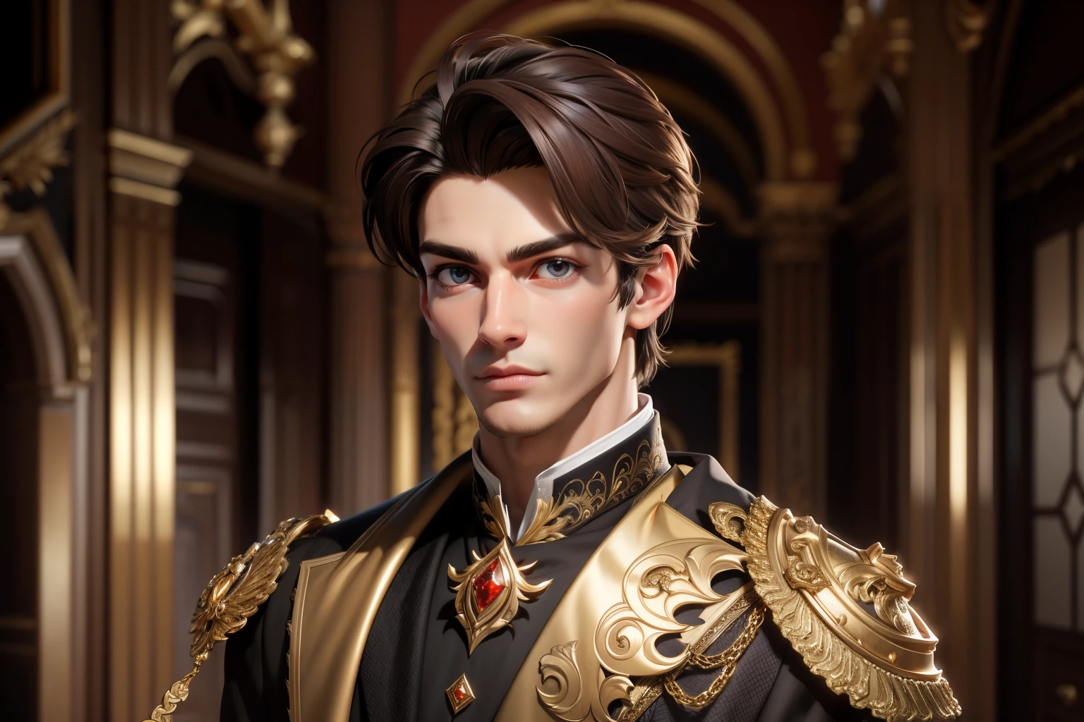 masterpiece, best quality,3d rending work ,3DMM style,close-up,portrait, 3D,male,20 year old, handsome, mature, perfect face, perfect eyes, sculpted jaw, brown hair, short hair, bare forehead, shining brown eyas, masculine, manly, cool, messy, roughwearing black princely clothes with gold decoration,(on a palace throne made of metal, in a large palace hall,extremely detailed, one picture, solo,upper body in frame,nigttime