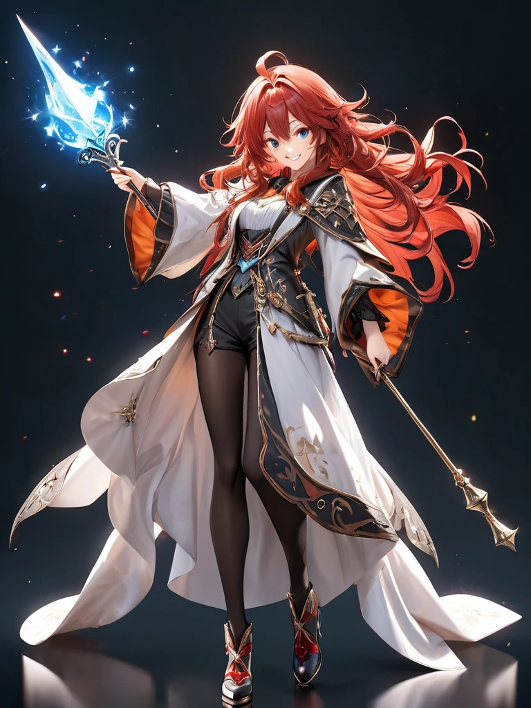 (best quality),(ultra detailed),(extremely detailed),(absolutely resolution) ,solo, absurdres,8k, 1girl,full body, wizard, holding magician's staff, grin, ultra detailed eyes, long hair, messy hair, (red hair:1.2),
