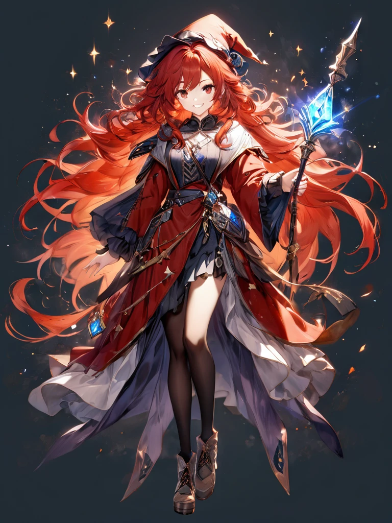 (best quality),(ultra detailed),(extremely detailed),(absolutely resolution) ,solo, absurdres,8k, 1girl,full body, wizard, holding magician's staff, grin, ultra detailed eyes, long hair, messy hair, (red hair:1.2),