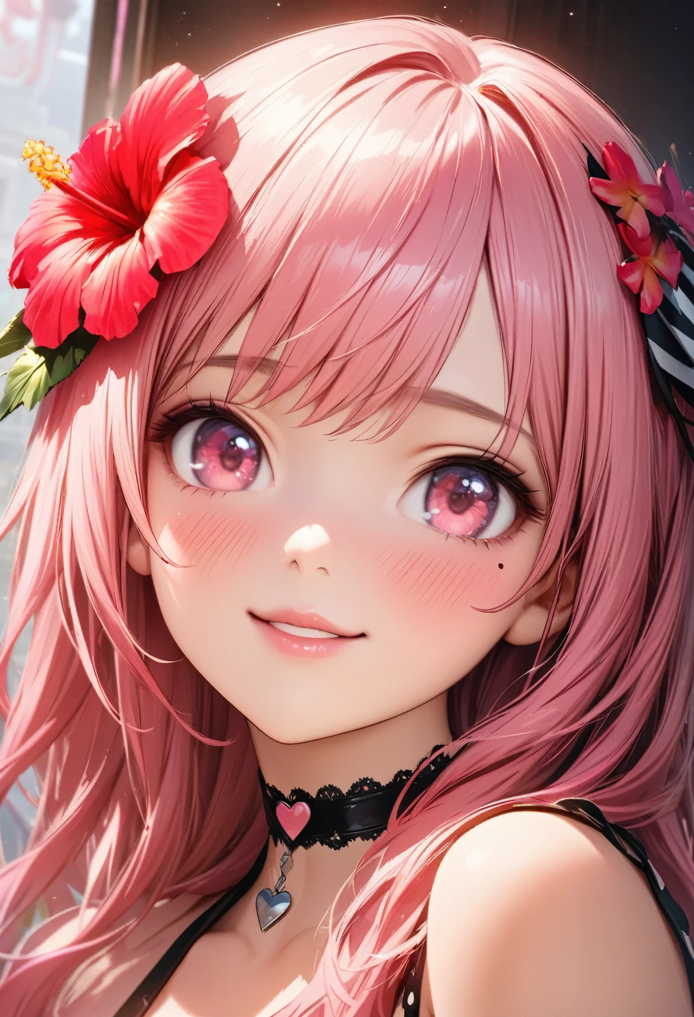 masterpiece, highest quality, Very detailed, High resolution, An expensive solution, High resolution, 4K, 8k, unity 8k wallpaper, Very detailed CG, masterpiece, Realistic、 Beautiful details, depth, Fine texture, highest quality: 1.3, Total concentration, Crisp skin, he, Very cute anime, Cute like an idol, expensive pink long hair, One Girl,Hawaiian Dresses 、breakfast、 hibiscus hair accessory, smile、long pink hair, whole body, Mole under the eye, Line Sight, expensive, blush, Lips parted, heart, Pink Eyes, choker