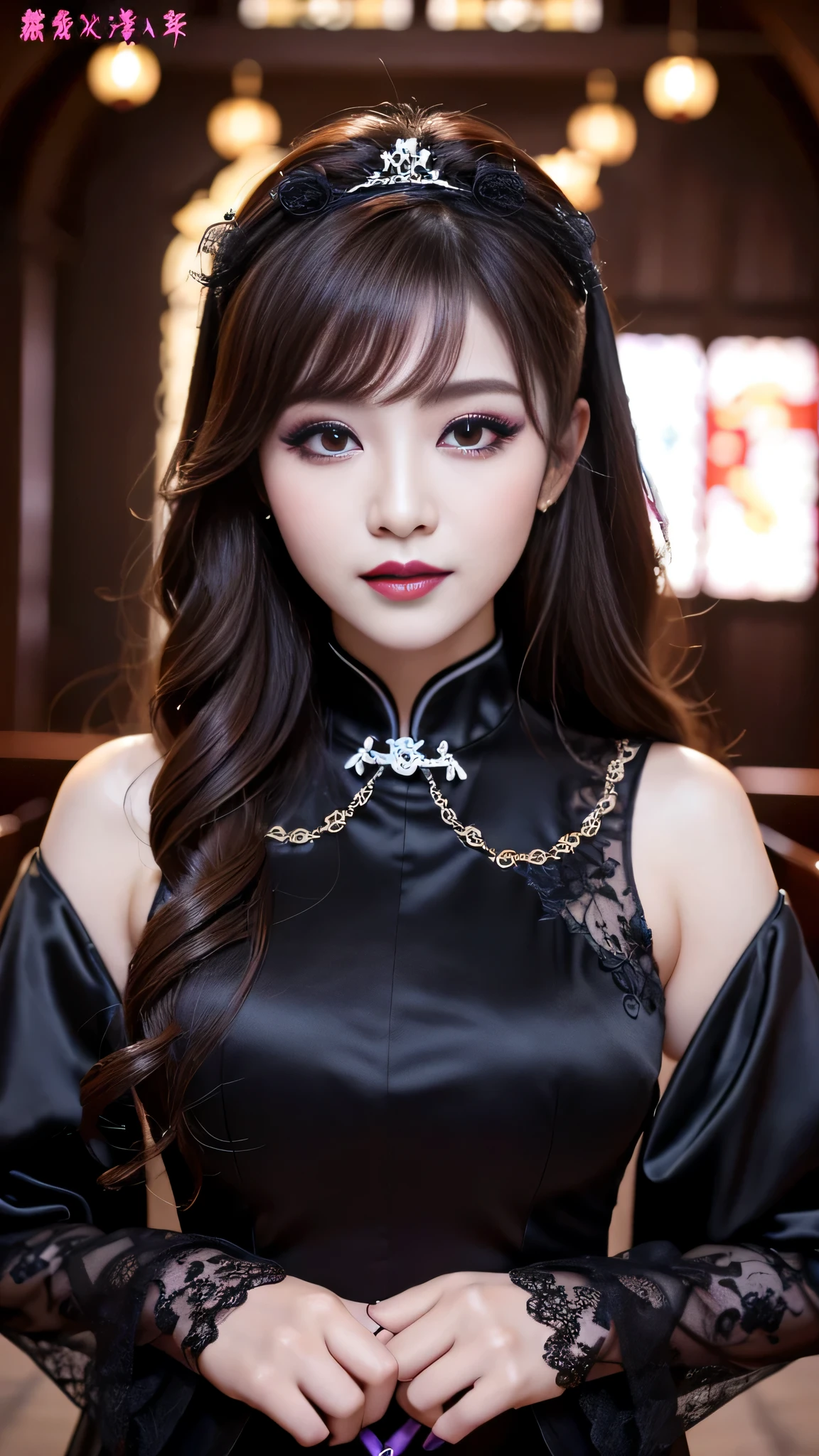 best quality、ultra-detailed、4k、Japanese、Seductive beauty、seductive adult woman、Pretty Woman、cool girl、Villainess、Brainwashed、brainwash、Fallen into evil、smirk、Evil look、Wicked Smile、evil、Brown hair、wavy hair、swept bangs、dark makeup、dark makeup、piercing eyes、hollow eyes,half-closed eyes、Hollow Eyes、Purple Eyeshadow、black lipstick、black lipglos、Long Black Cheongsam、Wide sleeves、night、inside church、makeup brush