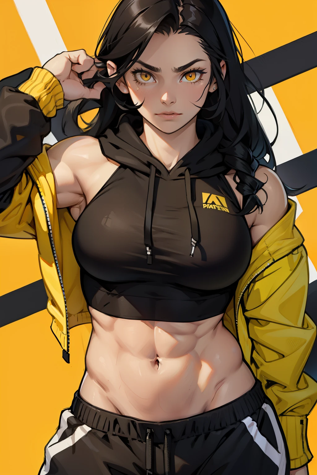 ((1girl bodybuilder)) pale skin black hair very long hair yellow eyes large breasts long hoodie sweatpants midriff close up