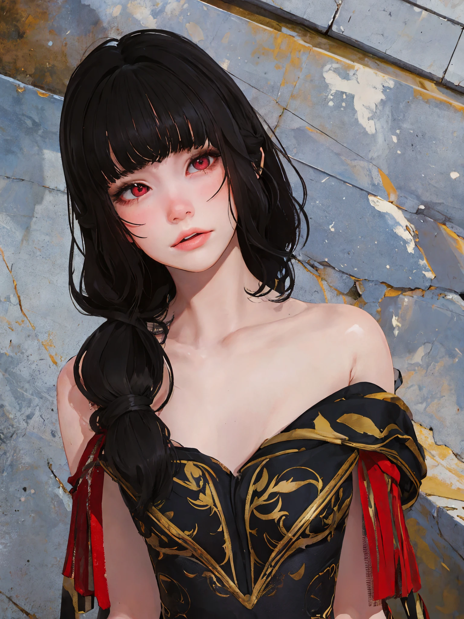 masterpiece, highly detailed, best quality, 1girl, solo, Luna, black hair, loose low tied hair, red eyes, naked