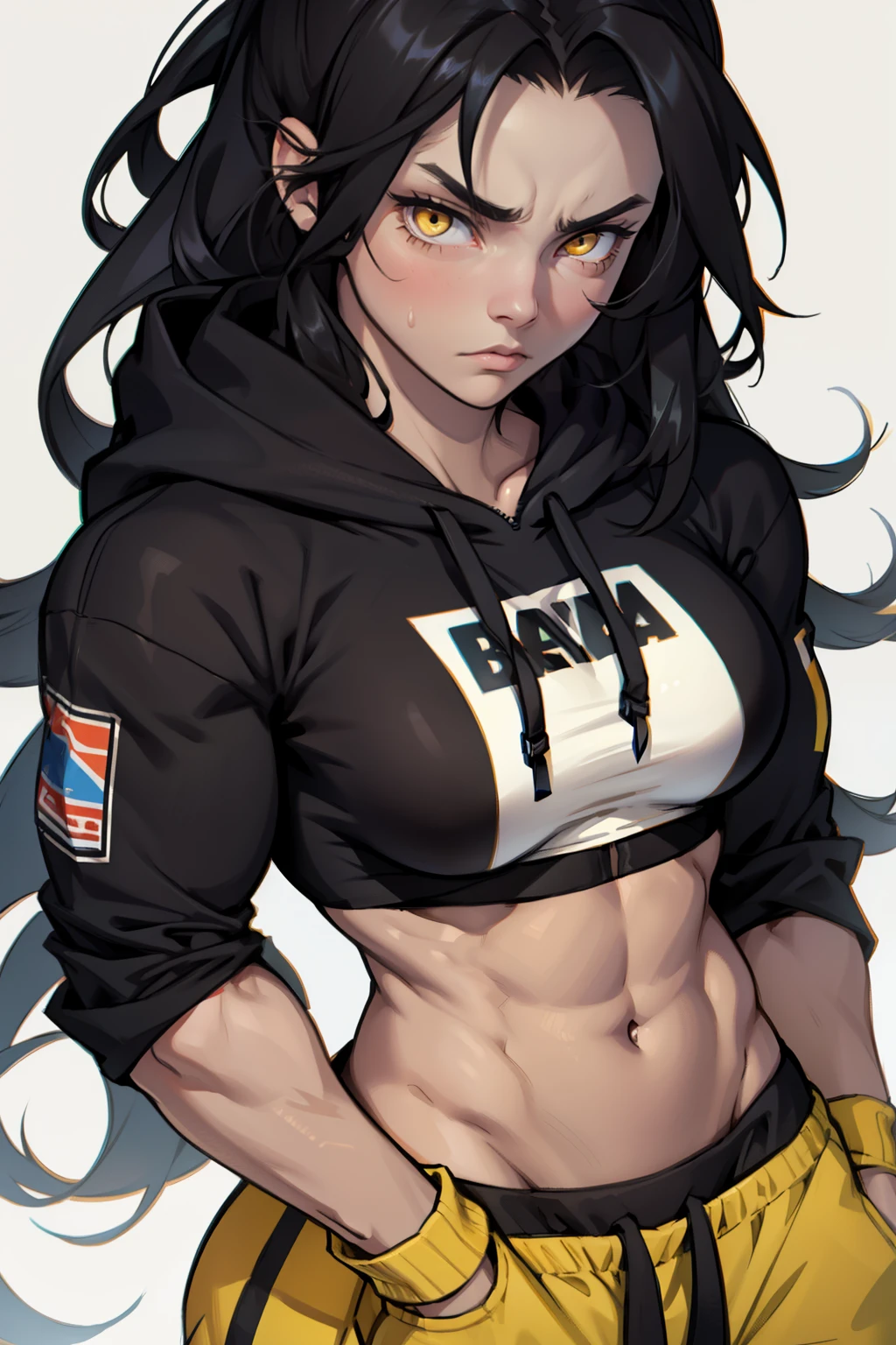 ((1girl bodybuilder)) pale skin black hair very long hair yellow eyes large breasts long hoodie sweatpants midriff close up sad