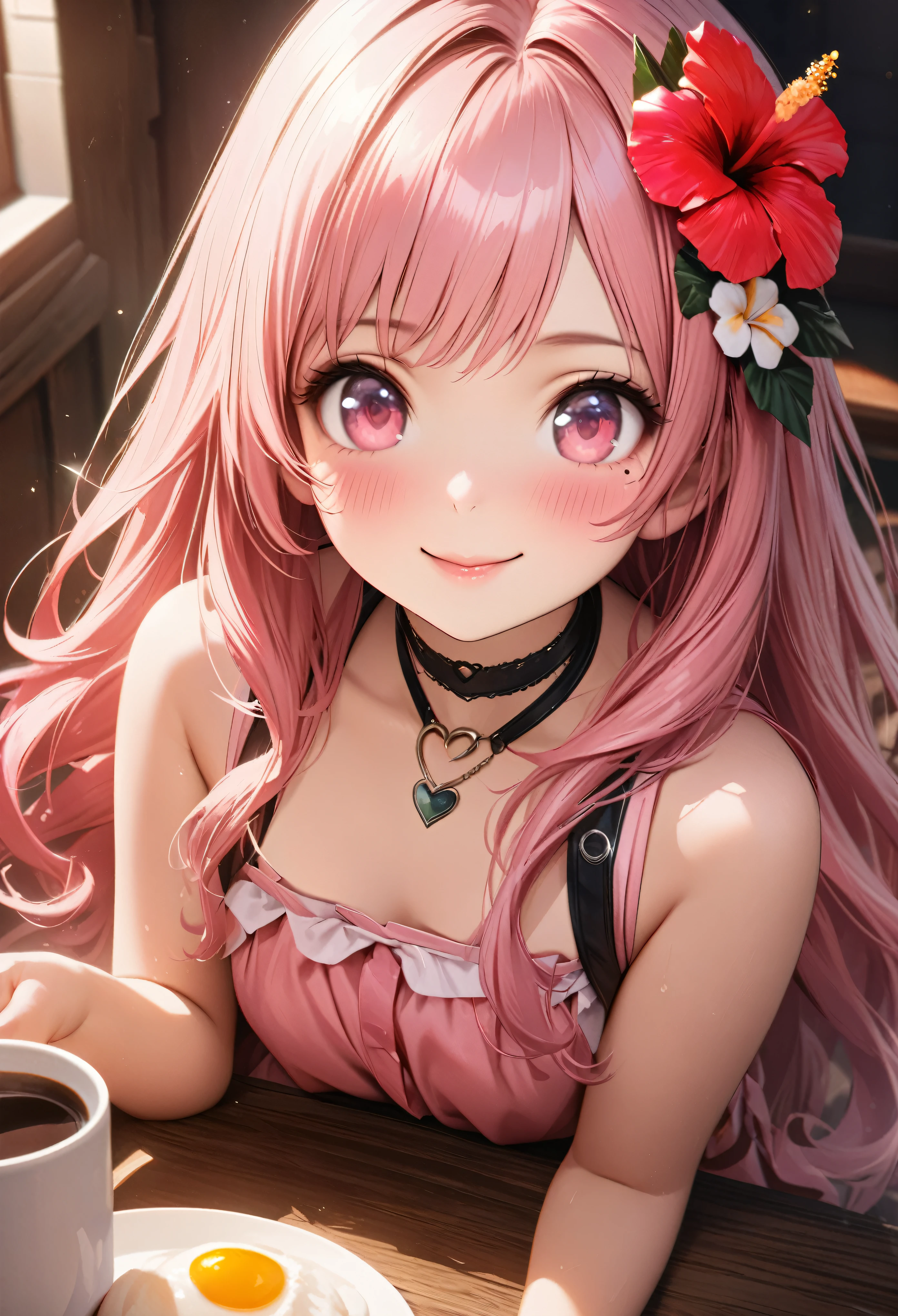 masterpiece, highest quality, Very detailed, High resolution, An expensive solution, High resolution, 4K, 8k, unity 8k wallpaper, Very detailed CG, masterpiece, Realistic、 Beautiful details, depth, Fine texture, highest quality: 1.3, Total concentration, Crisp skin, he, Very cute anime, Cute like an idol, expensive pink long hair, One Girl,Hawaiian Dresses, breakfast、 coffee、Hibiscus Hair Accessories, smile、long pink hair, whole body, Mole under the eye, Line Sight, expensive, blush, Lips parted, heart, Pink Eyes, choker