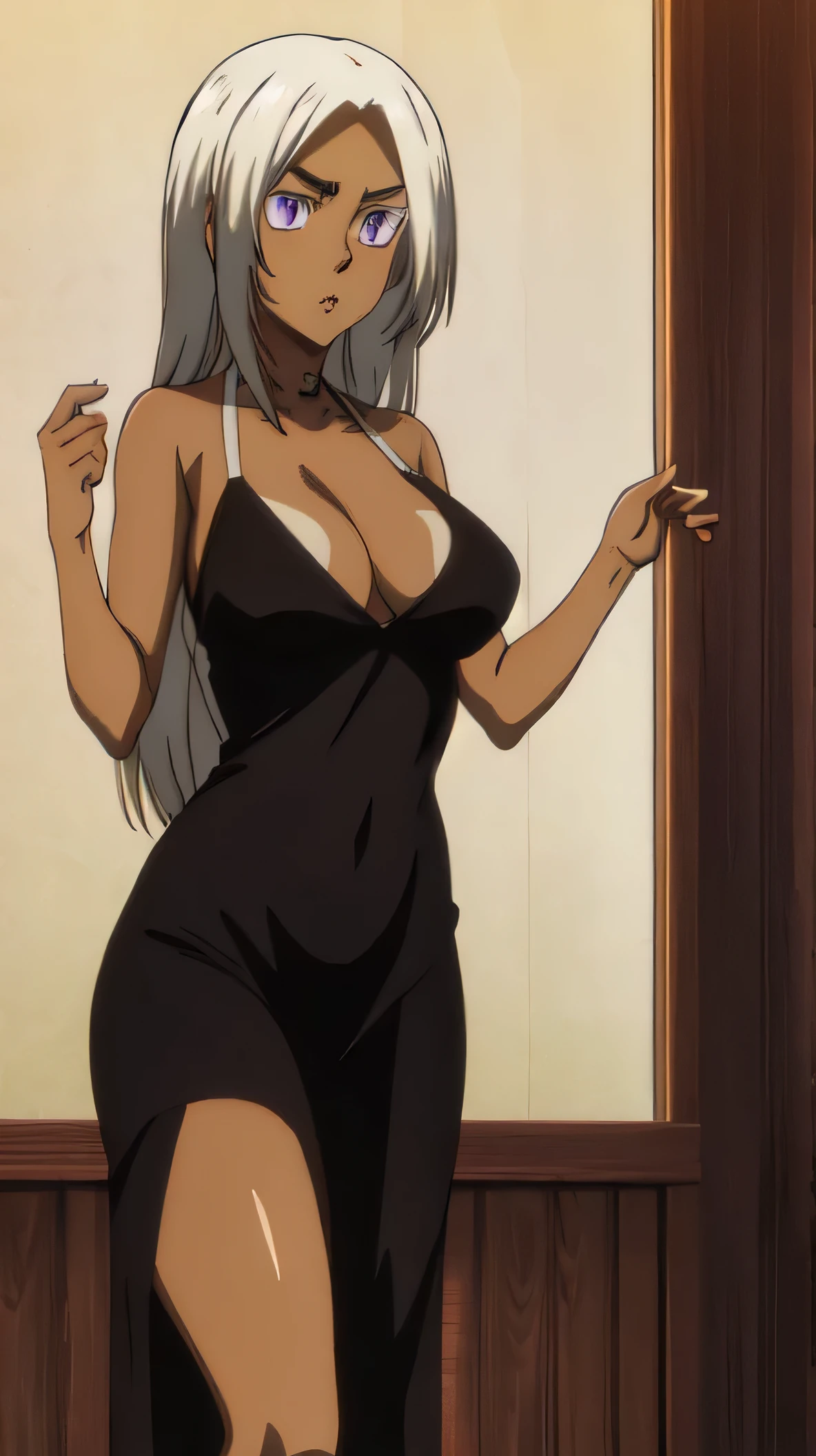 one girl , just one girl , masterpiece, best quality,Anime - serious face - wearing black night dress - Anime girl - with white long hair - purple eyes - tanned skin - body with feminine curves - perfect curves , tanned skin , just one girl , gang boss