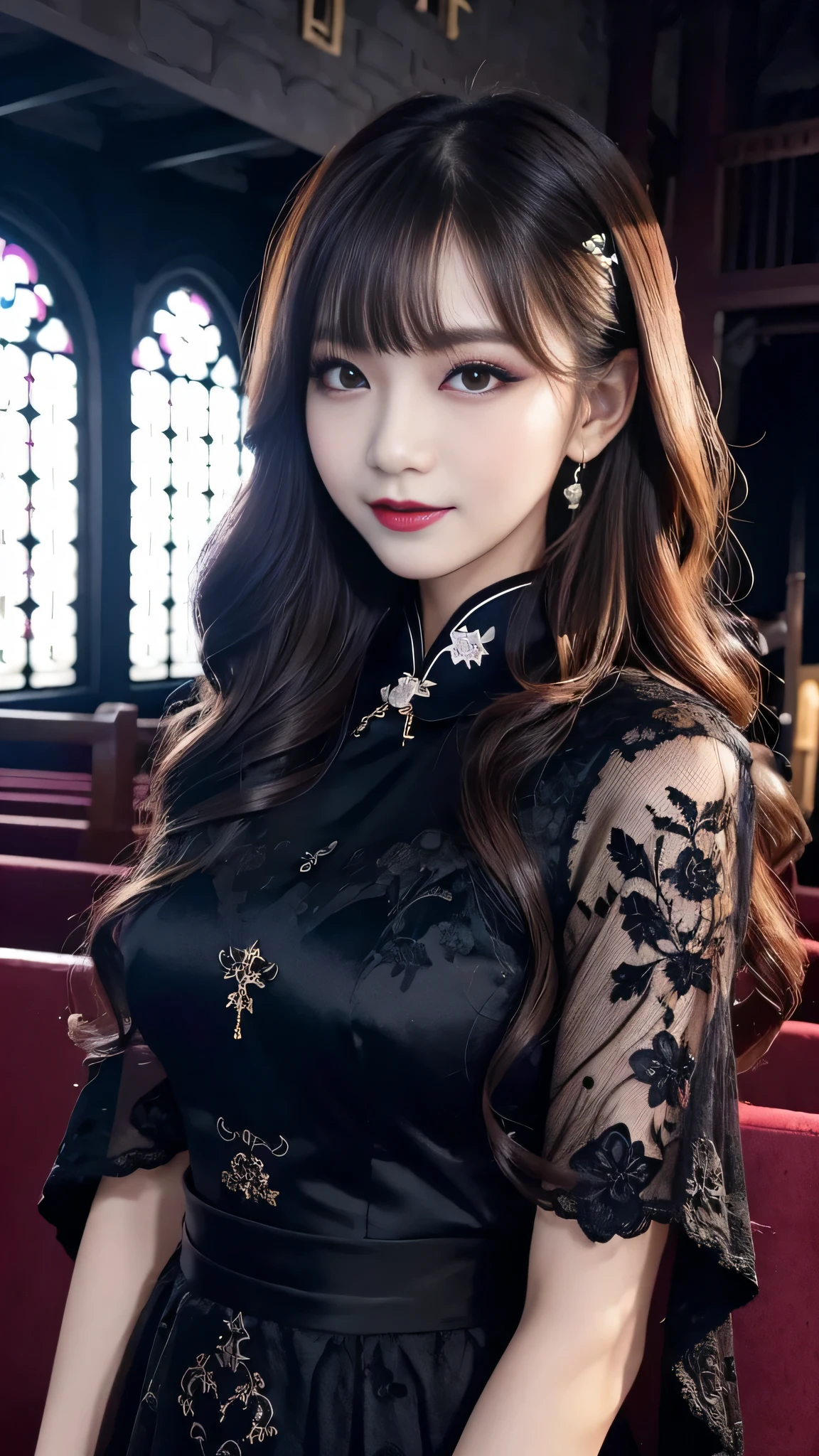 best quality、ultra-detailed、4k、Japanese、Seductive beauty、seductive adult woman、Pretty Woman、cool girl、Villainess、Brainwashed、brainwash、Fallen into evil、smirk、Evil look、Wicked Smile、evil、Brown hair、wavy hair、swept bangs、dark makeup、dark makeup、piercing eyes、hollow eyes,half-closed eyes、Hollow Eyes、Purple Eyeshadow、black lipstick、black lipglos、Long Black Cheongsam、Wide sleeves、night、inside church、makeup brush