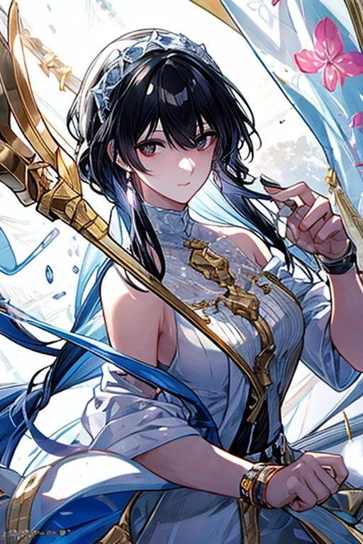 yor briar, anime style beutiful woman, 1girl, happy, smile, with sparkling eyes and a contagious smile:1.1),looking at viewer,red face, closed mouth, beautiful detailed eyes, super detailed skin, backlighting, bare shoulders, black background, black dress, black gloves, black hair, breasts, dress, earrings, fingerless gloves, floating hair, floral print, flower, gloves, gold earrings, gold hairband, hair flower, hair ornament, hairband, holding, holding weapon, jewelry, large breasts, long hair, looking at viewer, off-shoulder dress, off shoulder,red eyes, short hair with long locks, sidelocks, solo, spikes, thighs, two-sided dress, two-sided fabric, weapon, fighting stance , face, close up, from above, highest quality, high resolution.