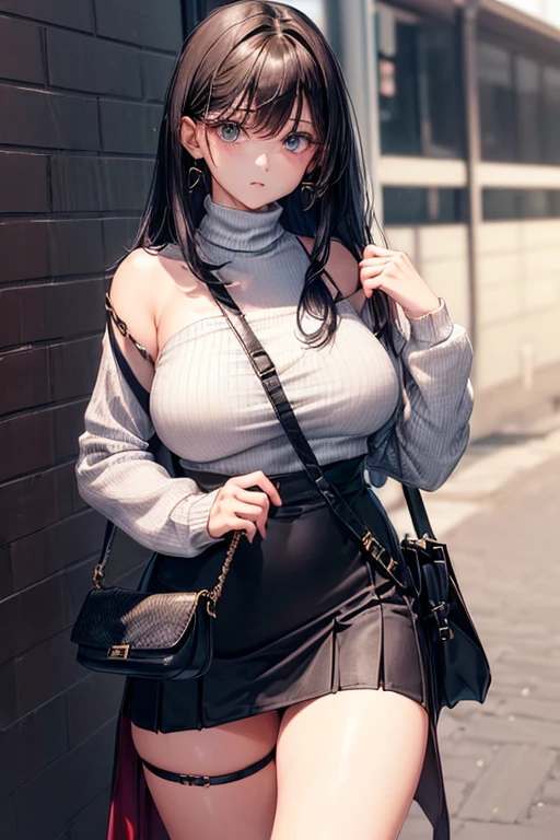 girl,(wear the long strap bag diagonally over the one's neck to the opposite weist:1.5),{(black hair),medium hair,(straight hair:1.5),hair between eyes},(huge breasts:1.2),(long sleeve turtleneck knit sweater),(skirt)