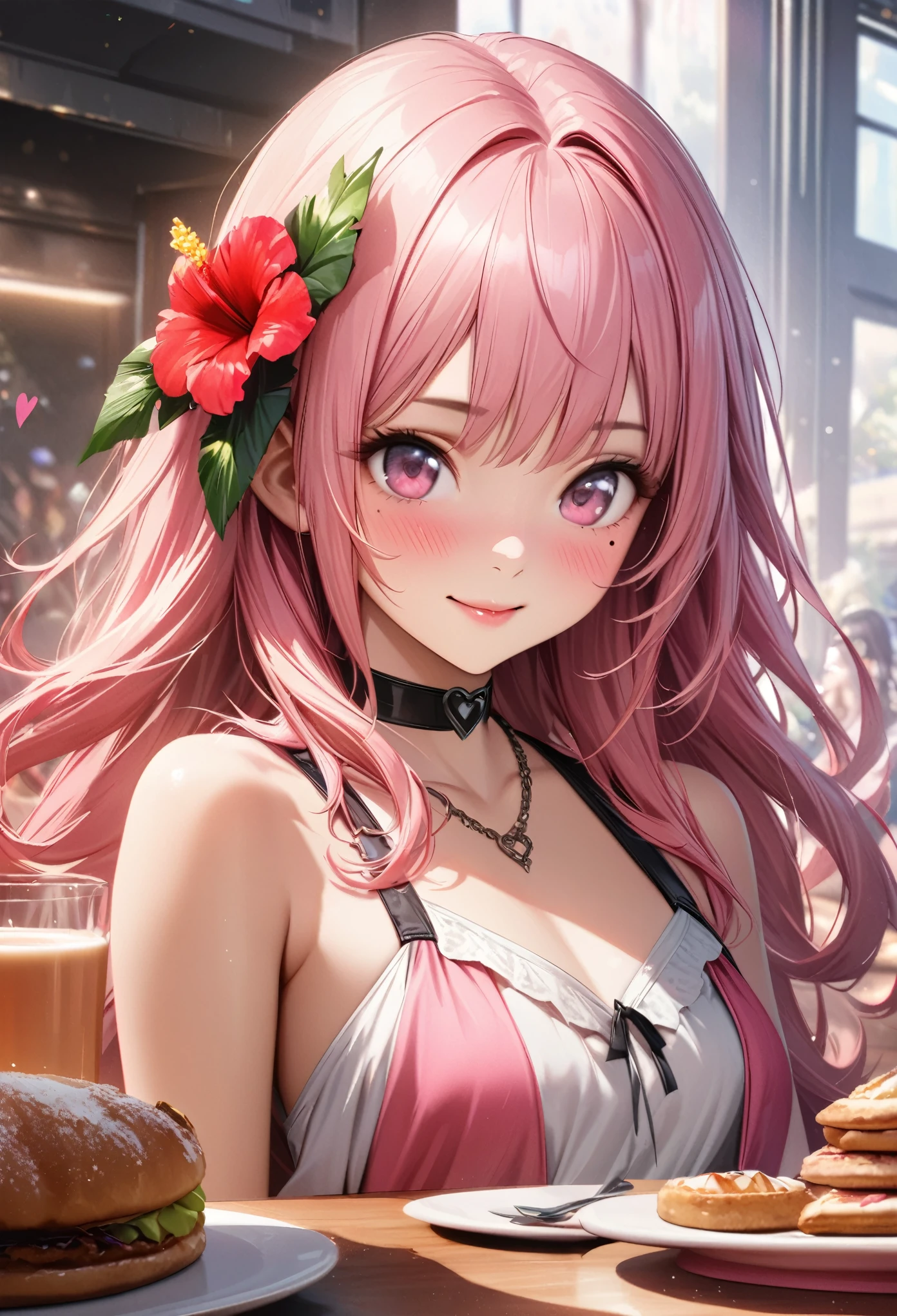masterpiece, highest quality, Very detailed, High resolution, Expensive resolution, High resolution, 4K, 8k, unity 8k wallpaper, Very detailed CG, masterpiece, Realistic、 Beautiful details, depth, Fine texture, highest quality: 1.3, Total concentration, Crisp skin, he, Very cute anime, Cute like an idol, expensive pink long hair, One Girl, Aloha One Piece, morning, Breakfast, Hibiscus Hair Accessories, Smiling long pink hair, whole body, Mole under eye, Line Sight, expensive, blush, Lips parted, heart, Pink Eyes, choker