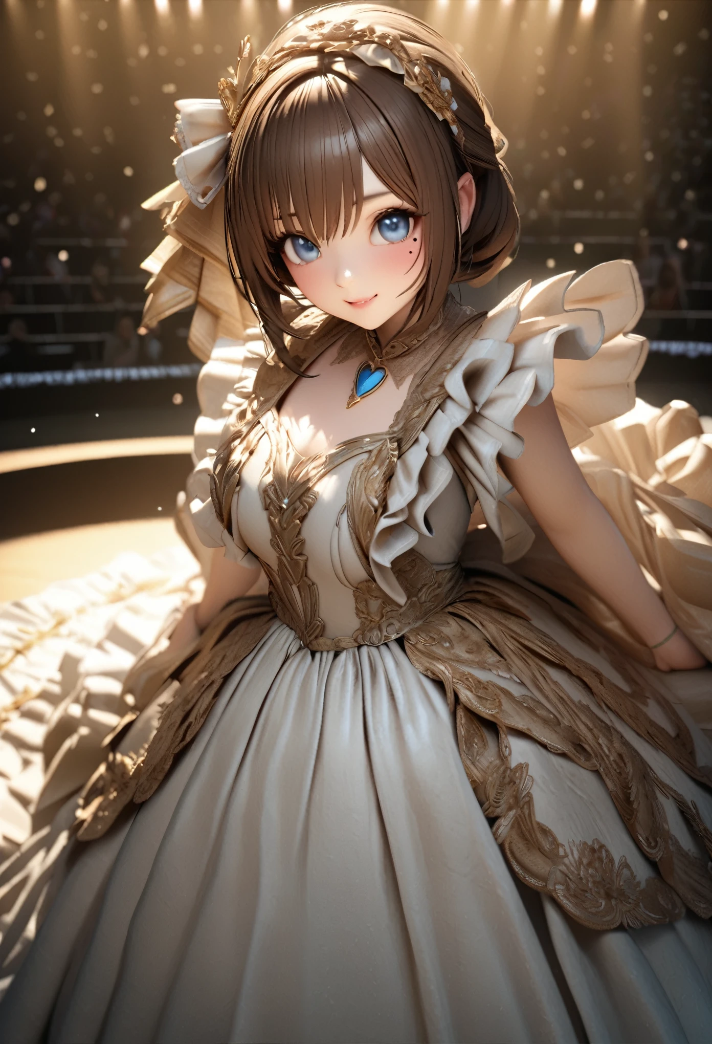 One Girl、Looking at the audience、
Beautiful Blue Eyes、Brown long hair、Mole under the eye、Plump and glossy lips、Heart-shaped choca、Idol、smile、ー、。.。.。.。.。.。.。.。.。.。.。.。.。.。.。.。.。.。.3D、Realistic、
Princess dress with too many frills、Drape clothes、gem、The decoration has been removed、Floral、Lace trim、bright stage、
masterpiece、highest quality、8k、Detailed skin texture、Detailed cloth texture、Beautifully detailed face、Intricate details、Very detailed、
超A high resolution、8K Ultra HD、Film Grain、Best Shadow、delicate、Staring at the audience、front