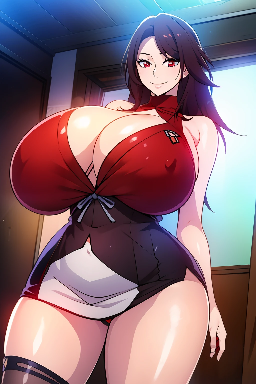 An anime-style artwork depicting Mizuki_Shiranui from the game Honkai star rail.

Tags: Mizuki_Shiranui, anime, detailed eyes, detailed lips, (sweater:1.1), cleavage, pencil skirt, miniskirt,curvy, thighs, higheels, shiny clothes, skin tight,  smiling expression, intense gaze, dynamic pose, indoor, palace, vibrant colors, digital art, high-resolution, professional quality, gigantic breasts,  curvy, cowboy shot, (gigantic breasts: 1.4), (red eyes:1.4)