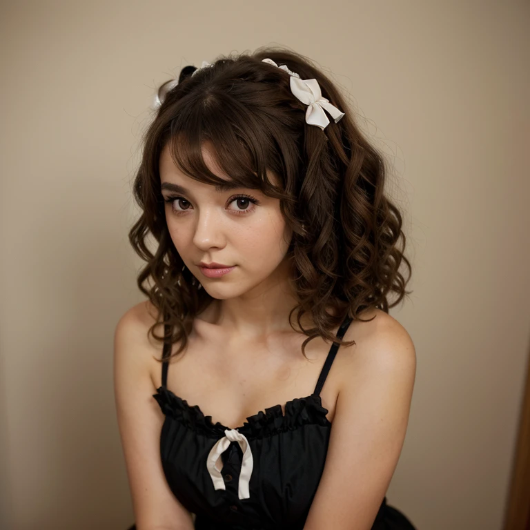 Cute girl.With brown hair.Brown eyes.In a black dress in the style of Lolita.Curly hair.Bows in the hair.